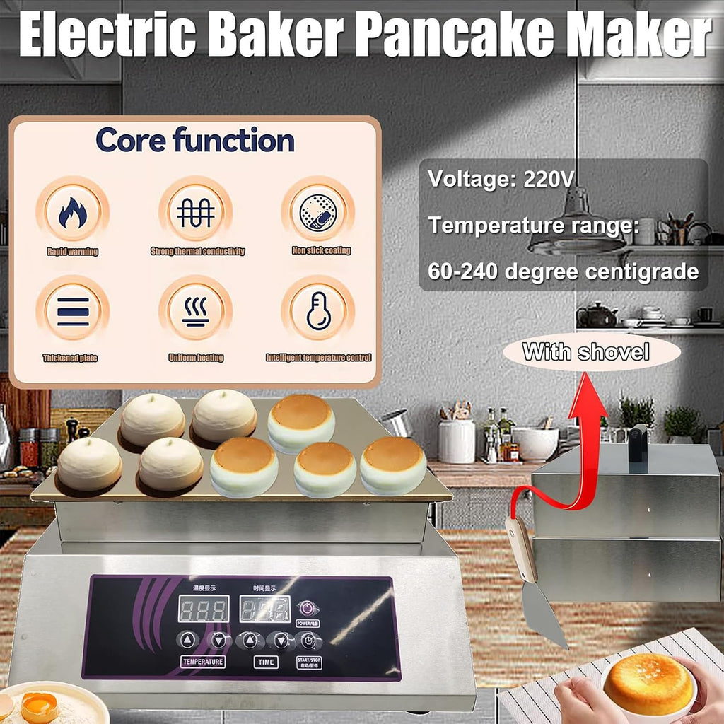 Electric Souffle Maker & Dorayaki Baker Stainless Steel with Double Pure Copper Plates 60-240°C Commercial Grade Souffle Pancake & Muffin Griddle Machine Digital Display Singlehead