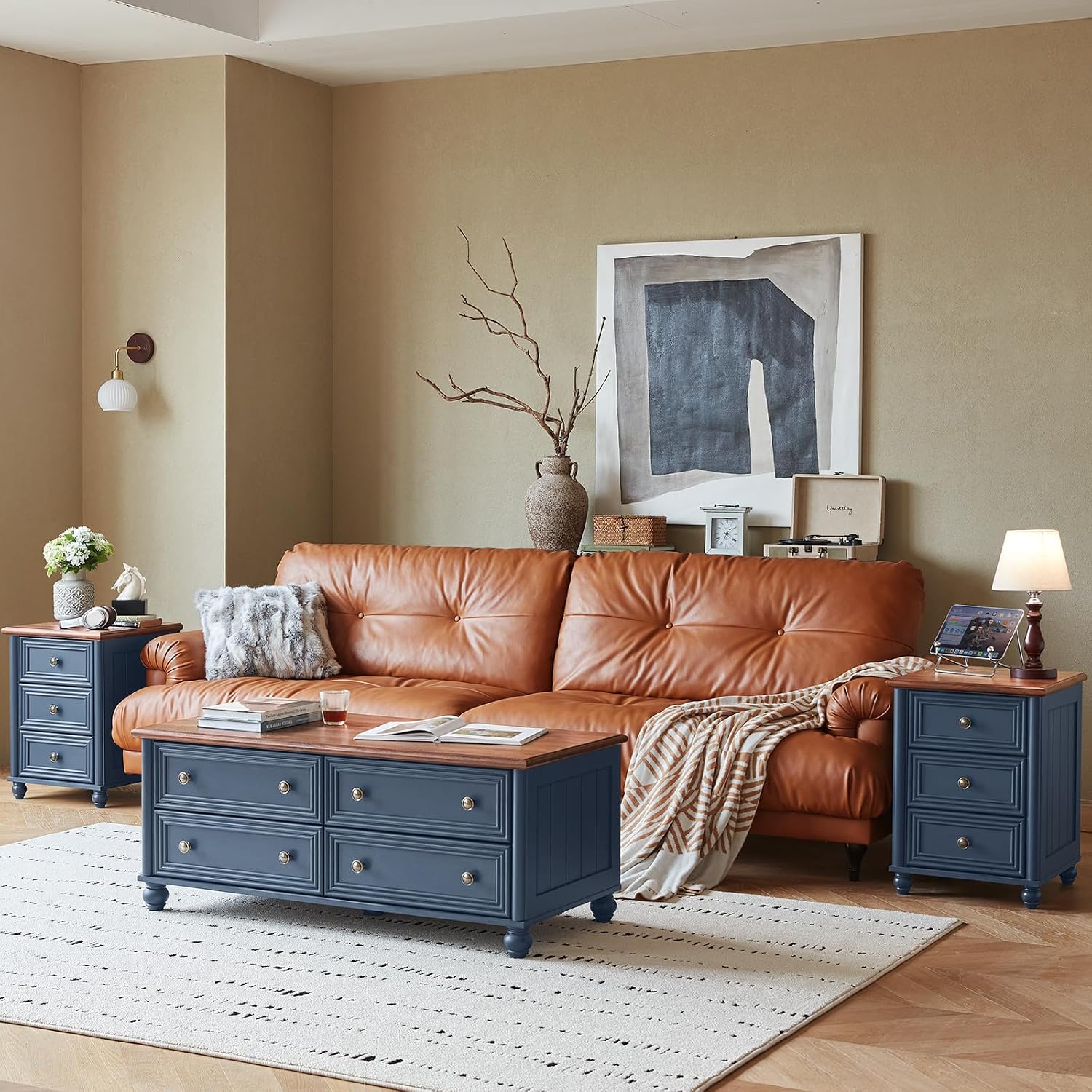 RWYHG Farmhouse Dresser and Nightstand Sets 4 Piece, Wooden 6 Drawers Dresser & 43.5' Tall Chest of Drawers, 18' Roman Column Nightstand Set of 2, Furniture Dressers for Bedroom, Living Room