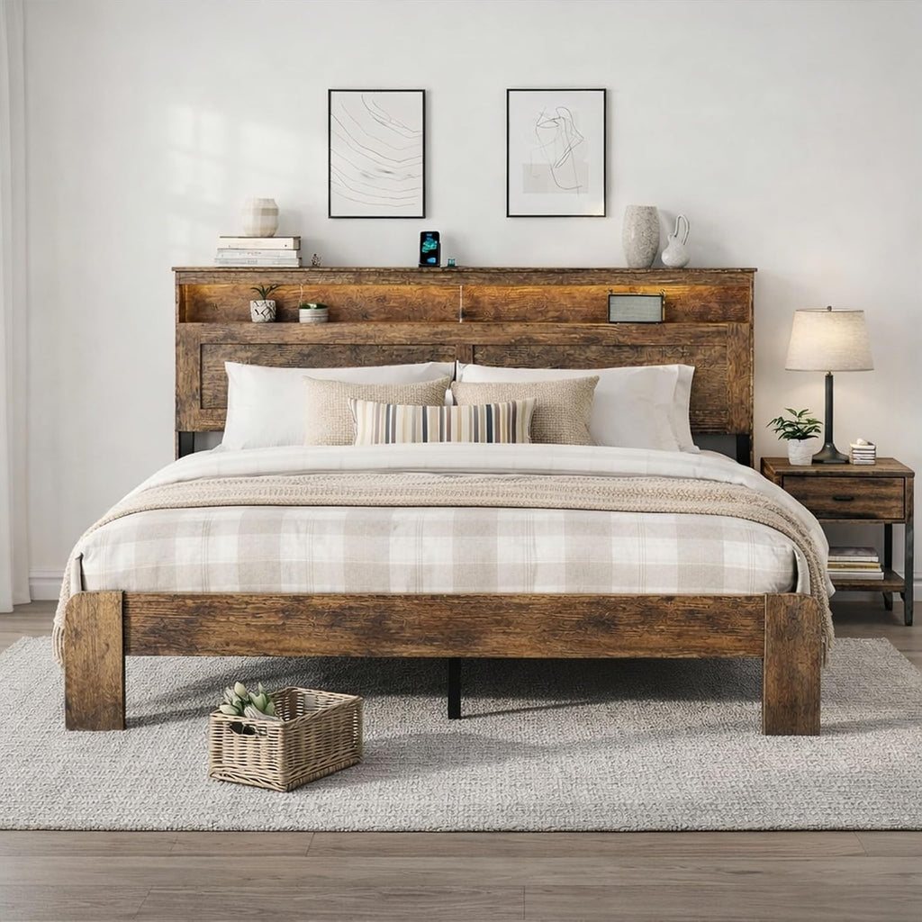 Wooden King Size Bed Frame with Headboard - Rustic Farmhouse Platform Bedframe with Metal Slat Support, Sturdy and No Noise, Easy Assembly (Rustic Brown, King)