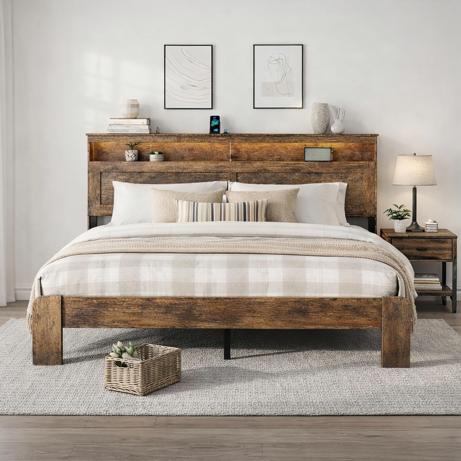 Wooden King Size Bed Frame with Headboard - Rustic Farmhouse Platform Bedframe with Metal Slat Support, Sturdy and No Noise, Easy Assembly (Rustic Brown, King)