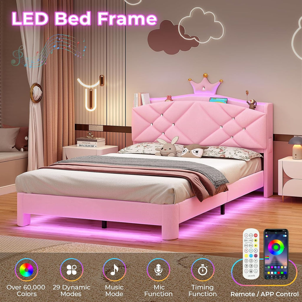 MSmask Full Bed Frame with LED Lights, Princess Upholstered Bed with Headboard with Charging Station & Crystal Button & Crown, Velvet Platform Bed for Girls, Solid Wood Slats, Curved Legs, Pink
