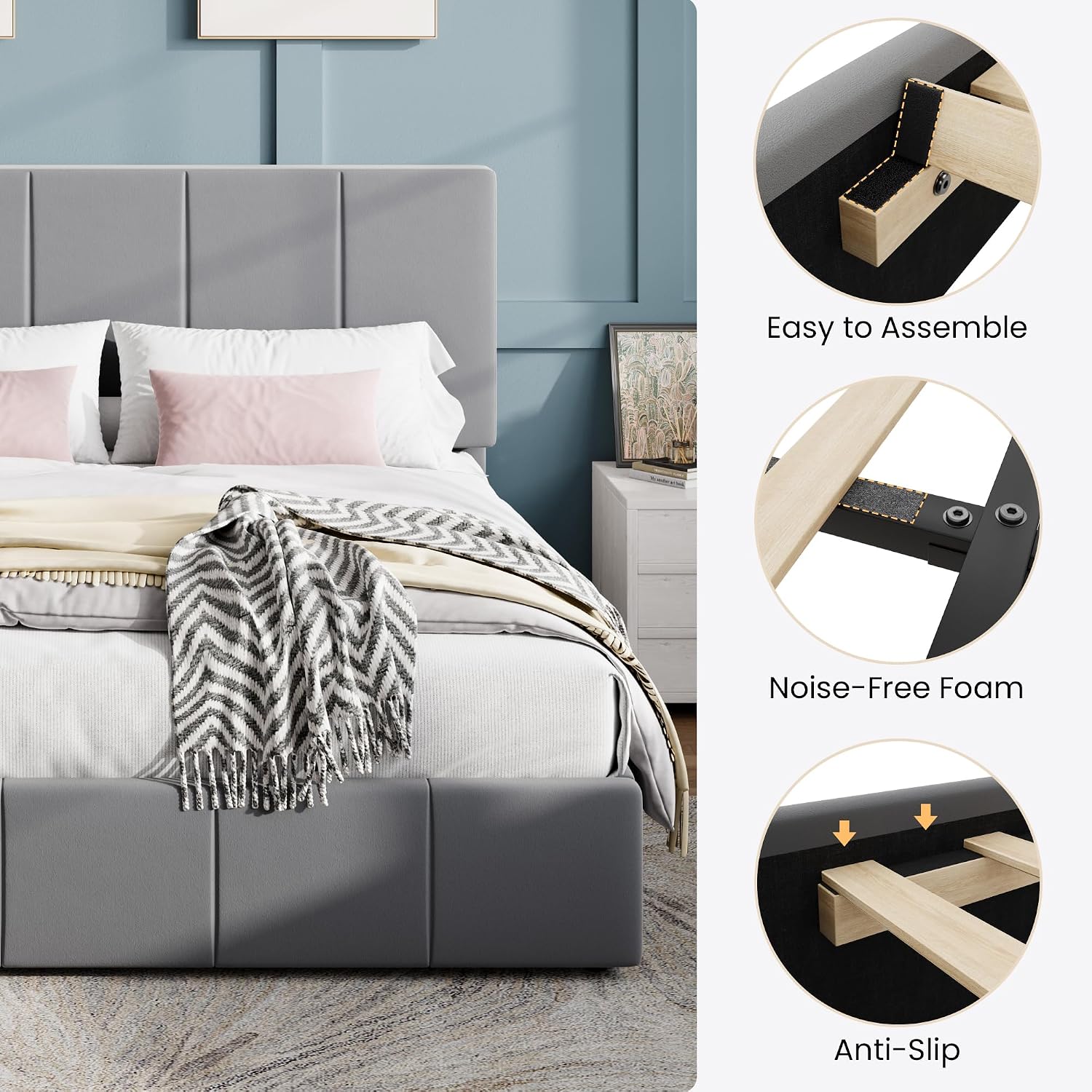 SHA CERLIN King Size Bed Frame, Velvet Upholstered Platform Bed, Vertical Channel Tufted Adjustable Headboard, Low Profile Bed Frame, No Box Spring Needed, Easy Assembly, Grey