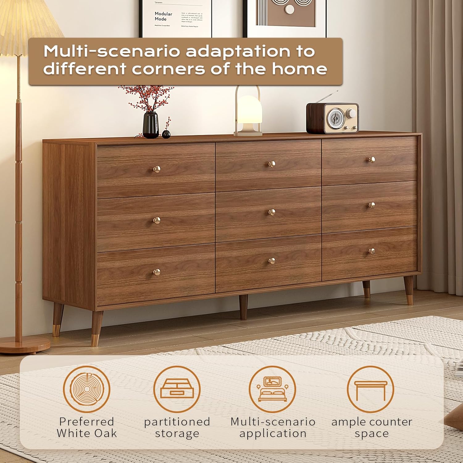 Messenya 9 Drawer Dresser for Bedroom, 63 Inch Walnut Dresser for Closet, Mid Century Wood Chest of Drawers with Natural Texture & Pre-Embedded Slots for TV Stand, Living Room, Hallway, Office