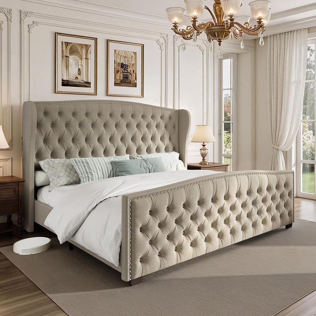 LUXOAK King Platform Bed Frame with Wingback Headboard, Velvet Upholstered Bed Frame with Handmade Button Tufted & Nailhead, Wooden Slats Support, Beige