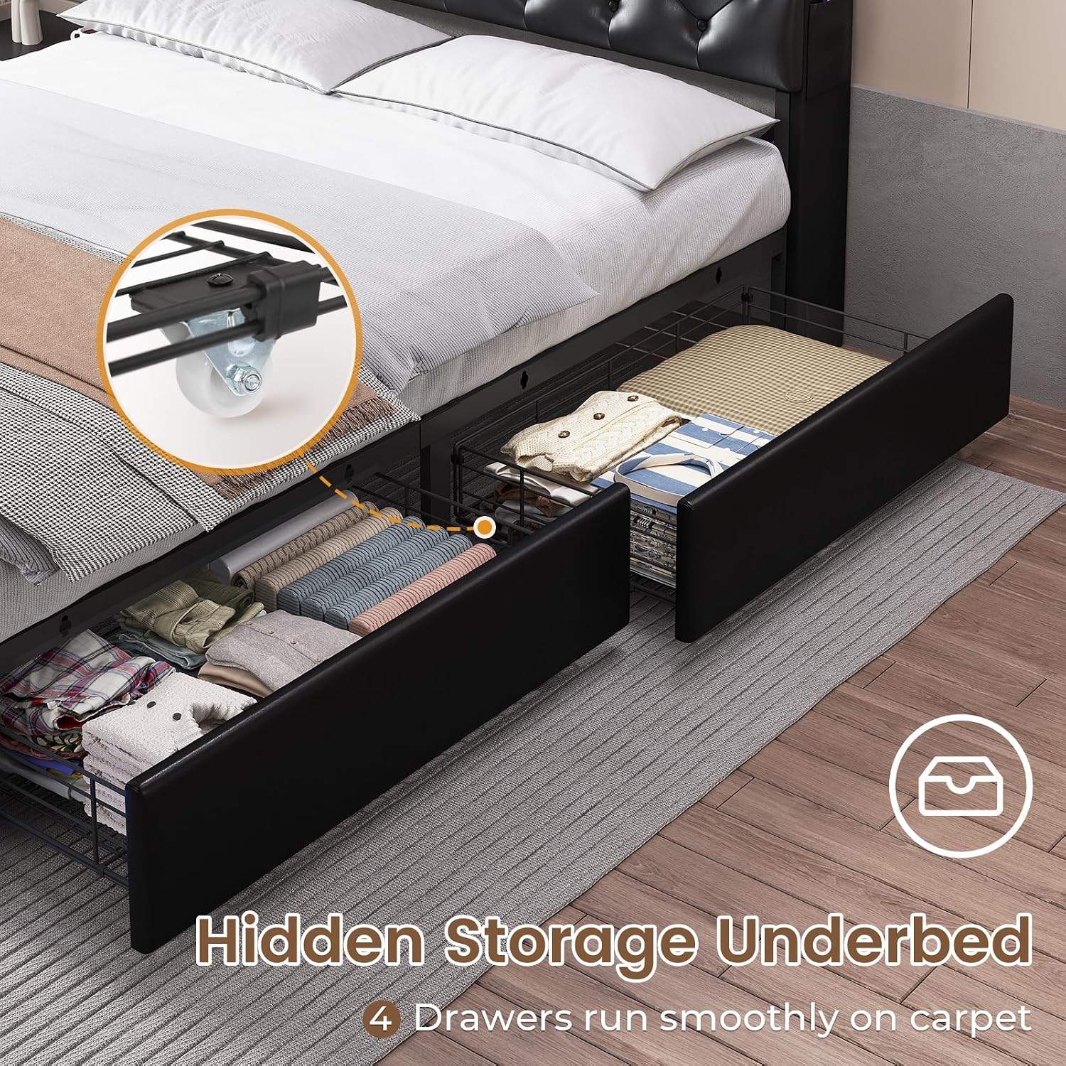 HAUOMS Twin Bed with 3-Tier Headboard & Hidden Storage, Upholstered LED Frame with 4 Drawers and Charging Station, Platform Metal Bed with Storage, No Box Spring Needed, PU Black