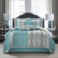Grand Avenue 7 Piece Beige Comforter Set, Queen Size Jacquard Bedding Set, All Season Geometric Patchwork Bedding Set, Matching Pillows, Shams, Bed Skirt