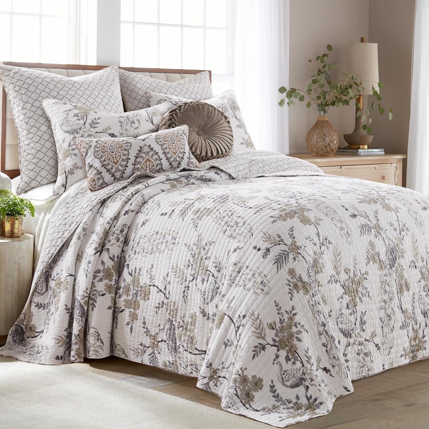 Levtex Home Pisa Reversible King Bedspread Set (120x106in) with 2 Pillow Shams (36x20in) - Floral Peacock - Grey, Taupe - Cotton King Size Bedspread Set - Soft, Pre-Washed