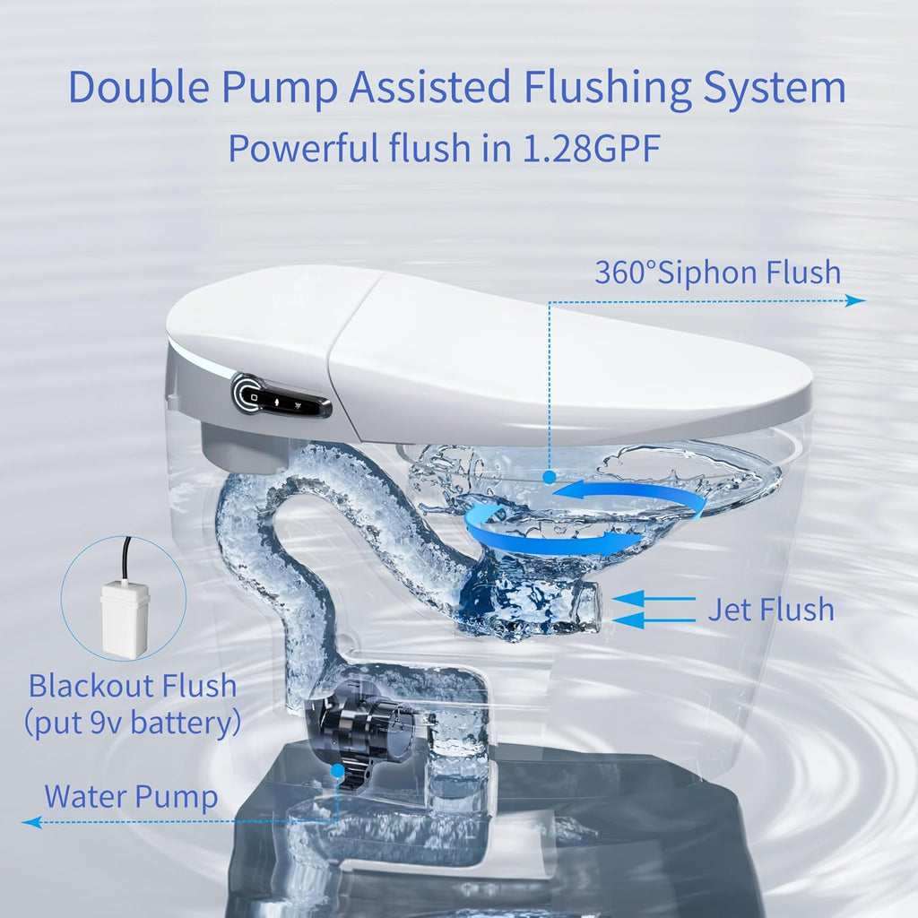 Smart Toilet, Auto Open/Close, Auto Flushing Bidet Toilet, Warm Water Sprayer and Dryer, Heated Seat, Elongated Egg Shape Tankless Toilet, 12'' Rough-in