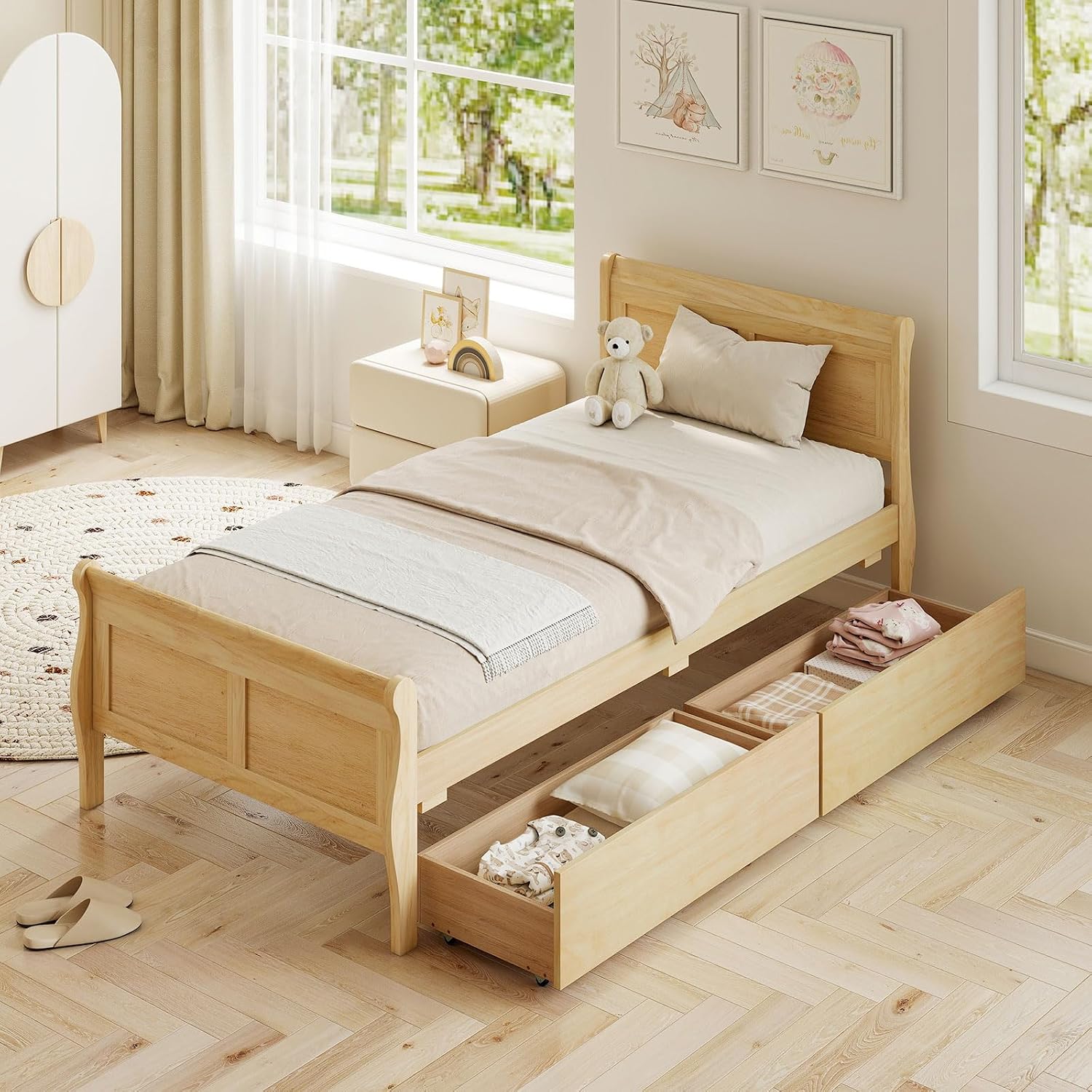 KOMFOTT 2 Twin Bed with 2 Drawers, Twin Storage Bed with Headboard for Bedroom, Sleigh Wood Bed Frame with Wooden Slats Support for Kids, Teens, Adults, No Box Spring Needed (Natural)