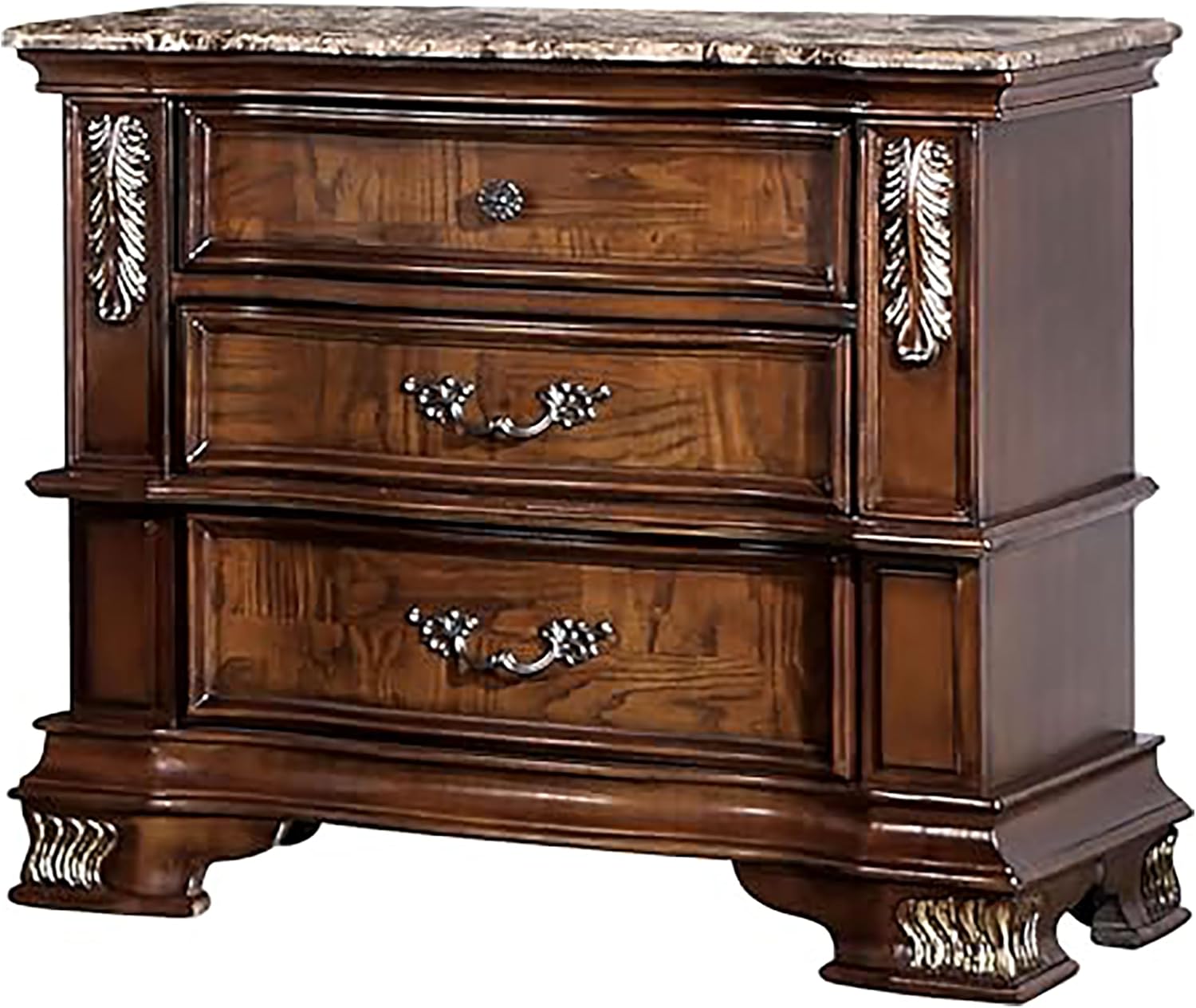 Furniture of America Clairibel Wood 3-Piece Bedroom Set, Queen-Size Bed with Button-Tufted Headboard, Marble Top Nightstand & Dovetail Drawers, Box Spring Required, Brown Cherry