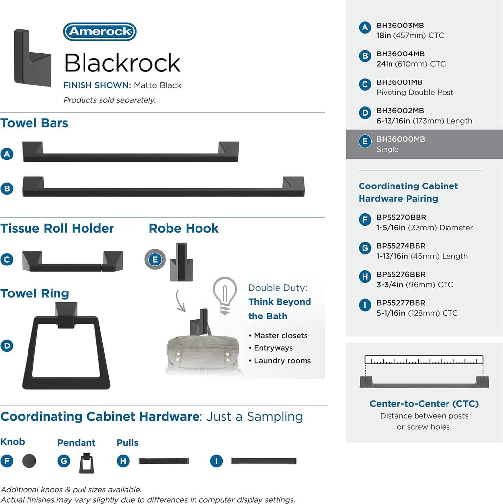 Amerock | Matte Black | Blackrock | Towel Bar | 18 inch (457 mm) | 4 Piece | Bathroom Accessories Set