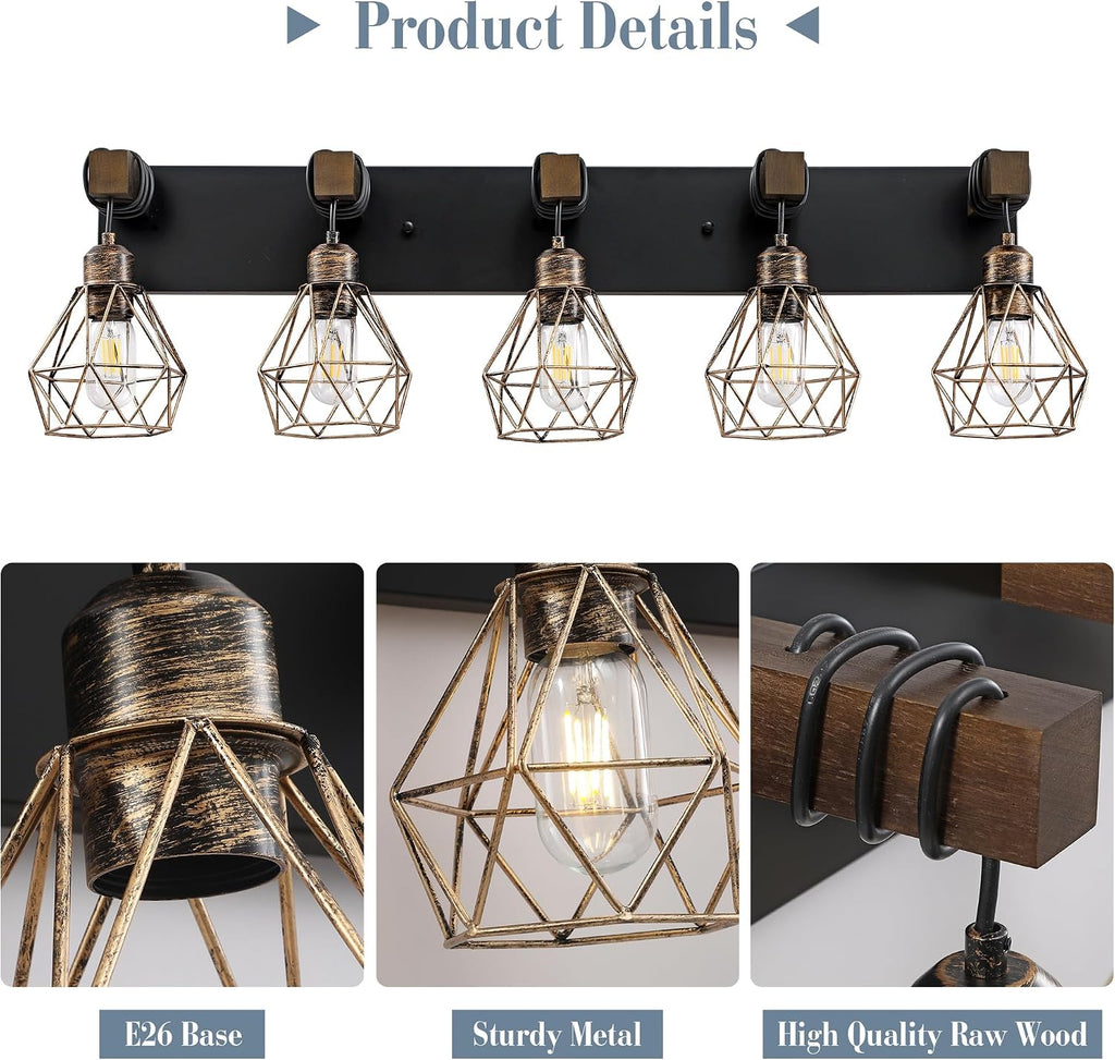 Black Gold Farmhouse Bathroom Light Fixtures, 5-Light Bathroom Lighting Fixtures Over Mirror, Rustic Wood Vanity Lights Wall Sconces with Metal Lampshade for Living Room