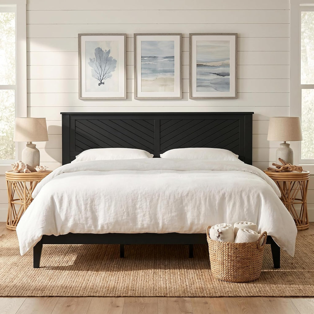ComfIQ Solid Wood Platform Bed with Wooden Slats – Durable Frame, No Box Spring Required, Ample Underbed Storage, Black, King, Bed and Chevron Headboard