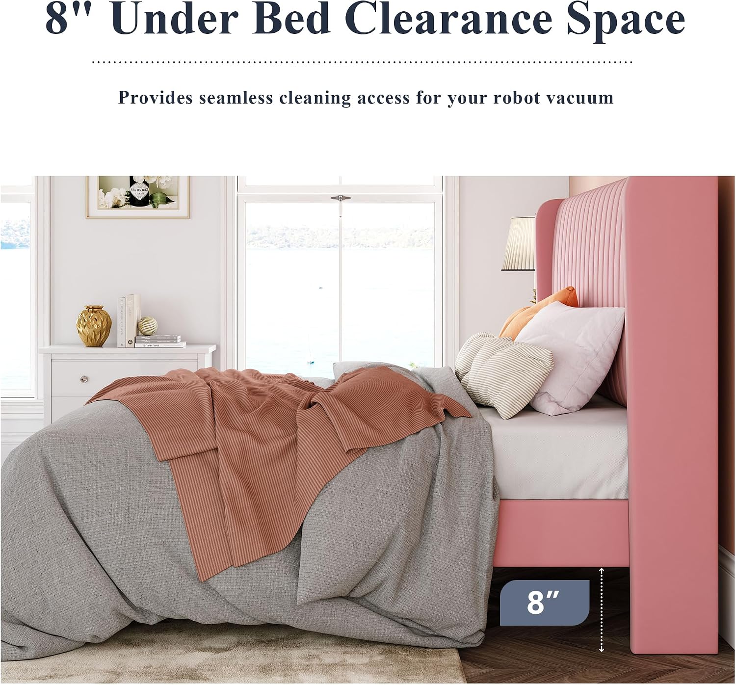Allewie Full Size Velvet Bed Frame/Vertical Channel Tufted Wingback Headboard/Upholstered Platform Bed/Strong Wooden Slats/No Box Spring Needed/Easy Assembly/Pink