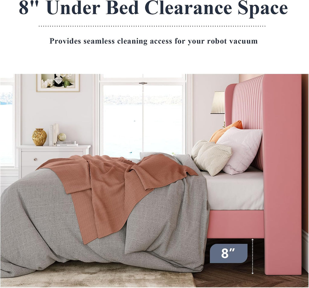 Allewie Queen Size Velvet Bed Frame/Vertical Channel Tufted Wingback Headboard/Upholstered Platform Bed/Strong Wooden Slats/No Box Spring Needed/Easy Assembly/Pink