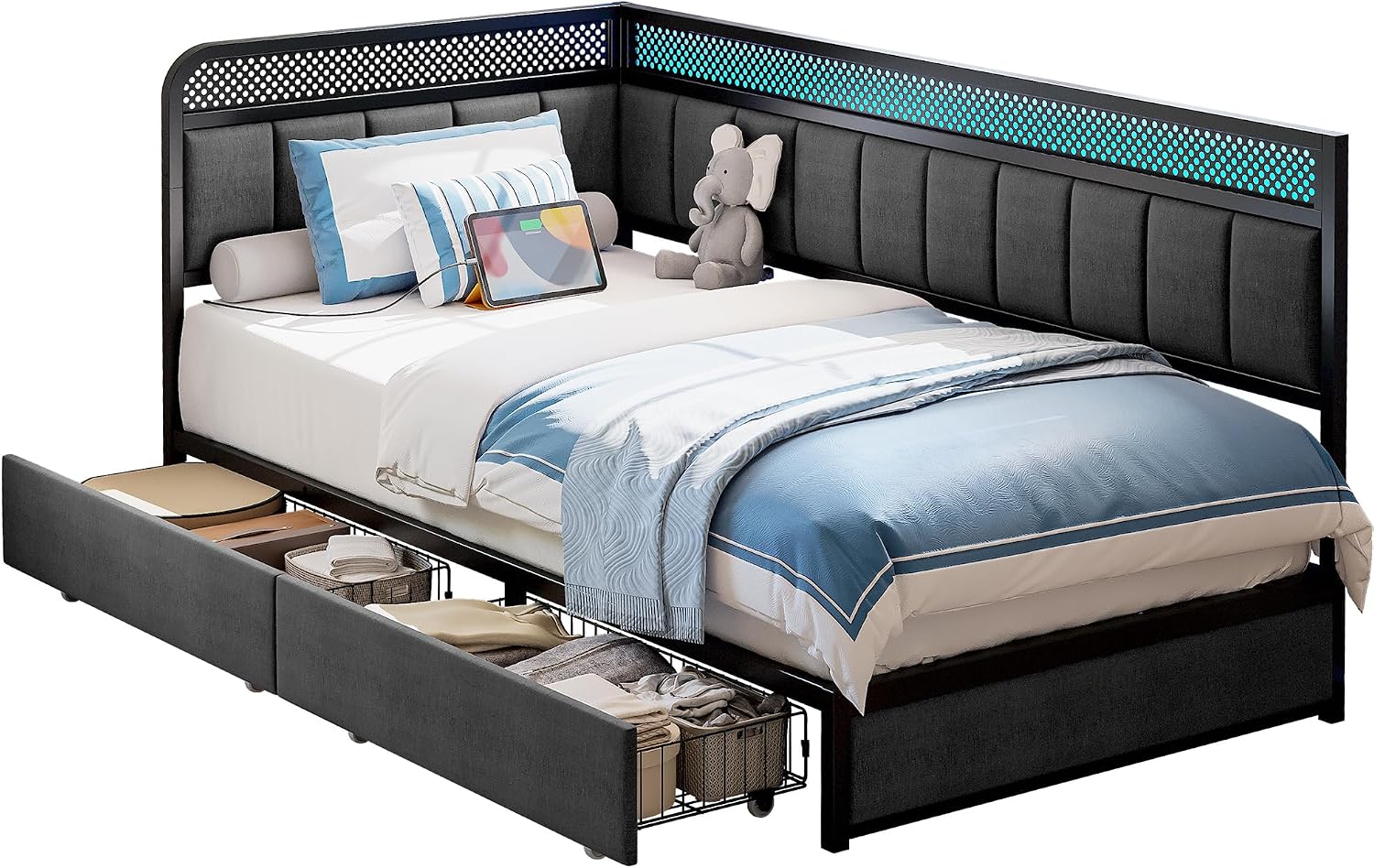 LIKIMIO Twin Corner Bed Frame with Storage Drawers and Charging Station, Modern Twin Daybed with LED Lights and Upholstered Guardrail, Gray