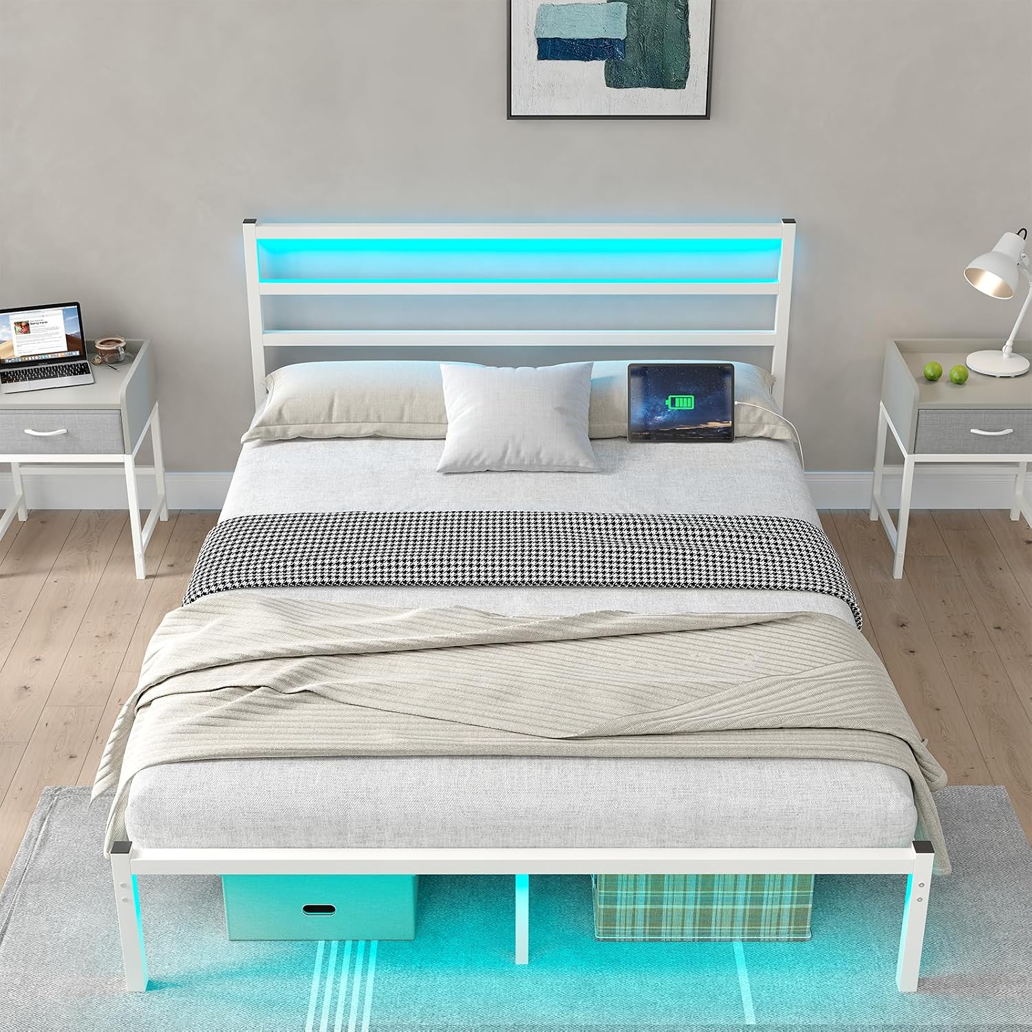 CollaredEagle Full Size Bed Frame with Headboard, Metal Platform Bed Frame with LED, Charging Station, No Box Spring Needed, Easy Assembly, Noise Free, White