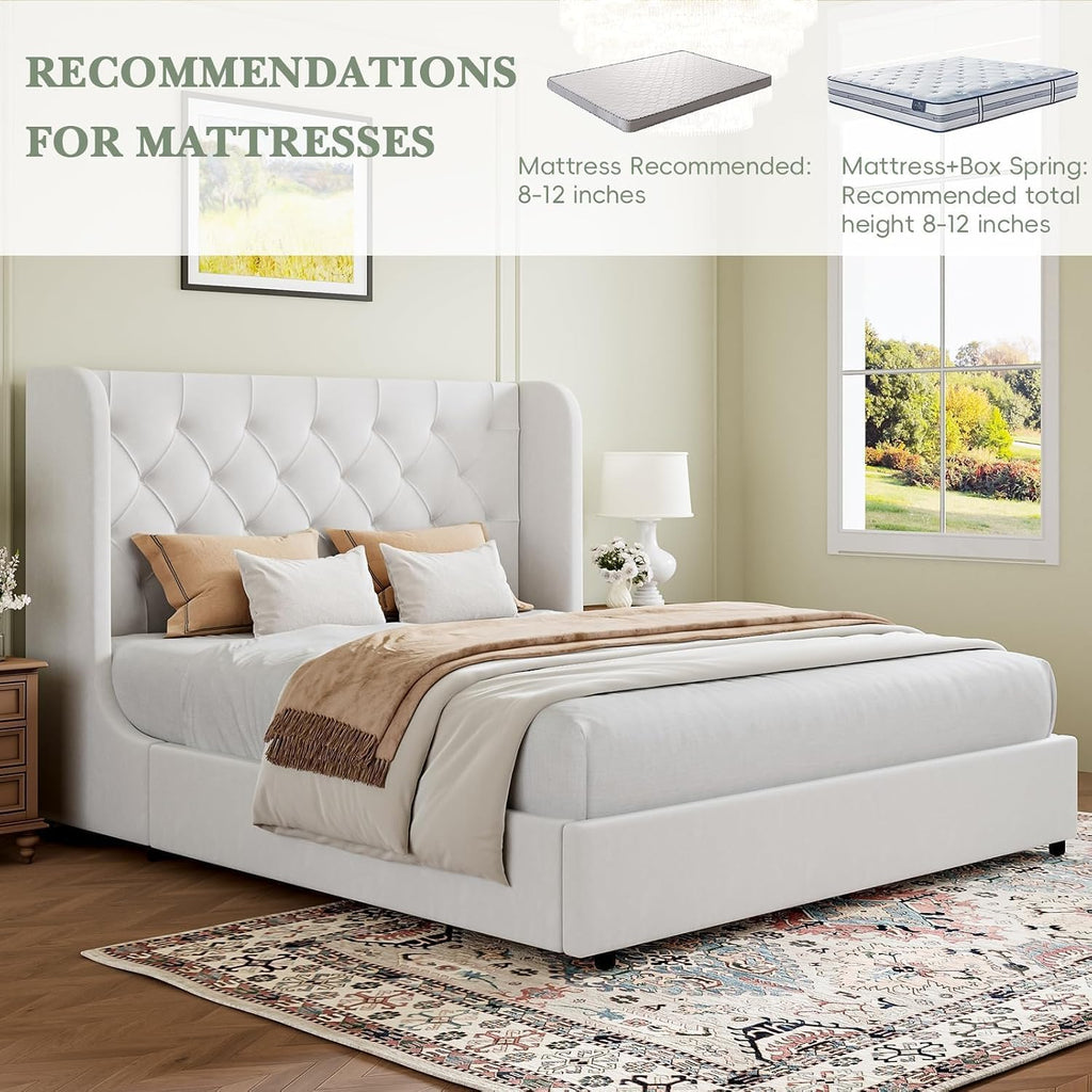 HOMBCK White King Size Bed Frame, Velvet Upholstered Platform Bed Frame with Headboard, Curved Wingback Design, Wooden Slats, No Box Spring, Noise Free, Easy Assembly