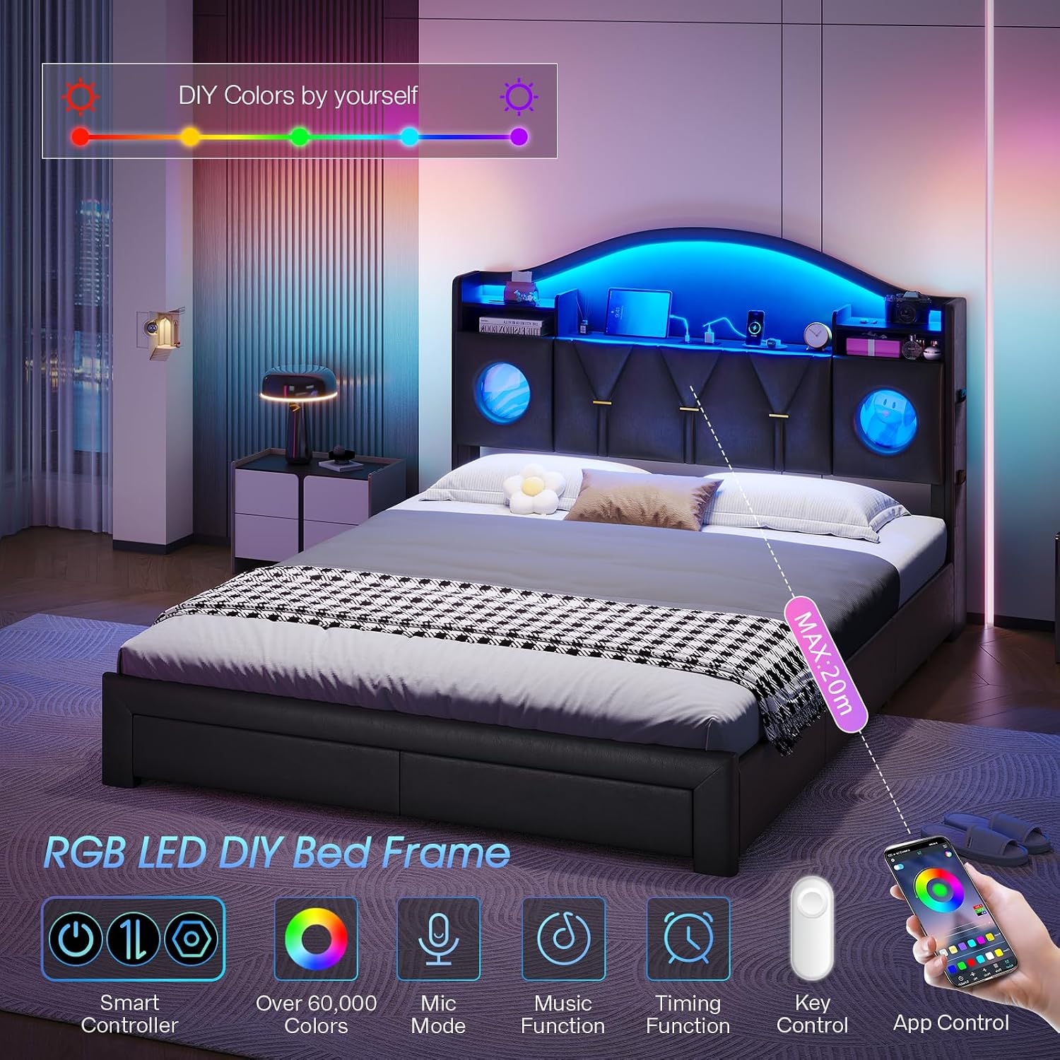 Queen Bed Frame with 6 Storage Drawers and Headboard,Bed Frame Queen Size with Charging Station & LED Light,Platform Metal Bed Frame with Storage,Queen Bed No Box Spring Needed,Easy Assembly,PU Black