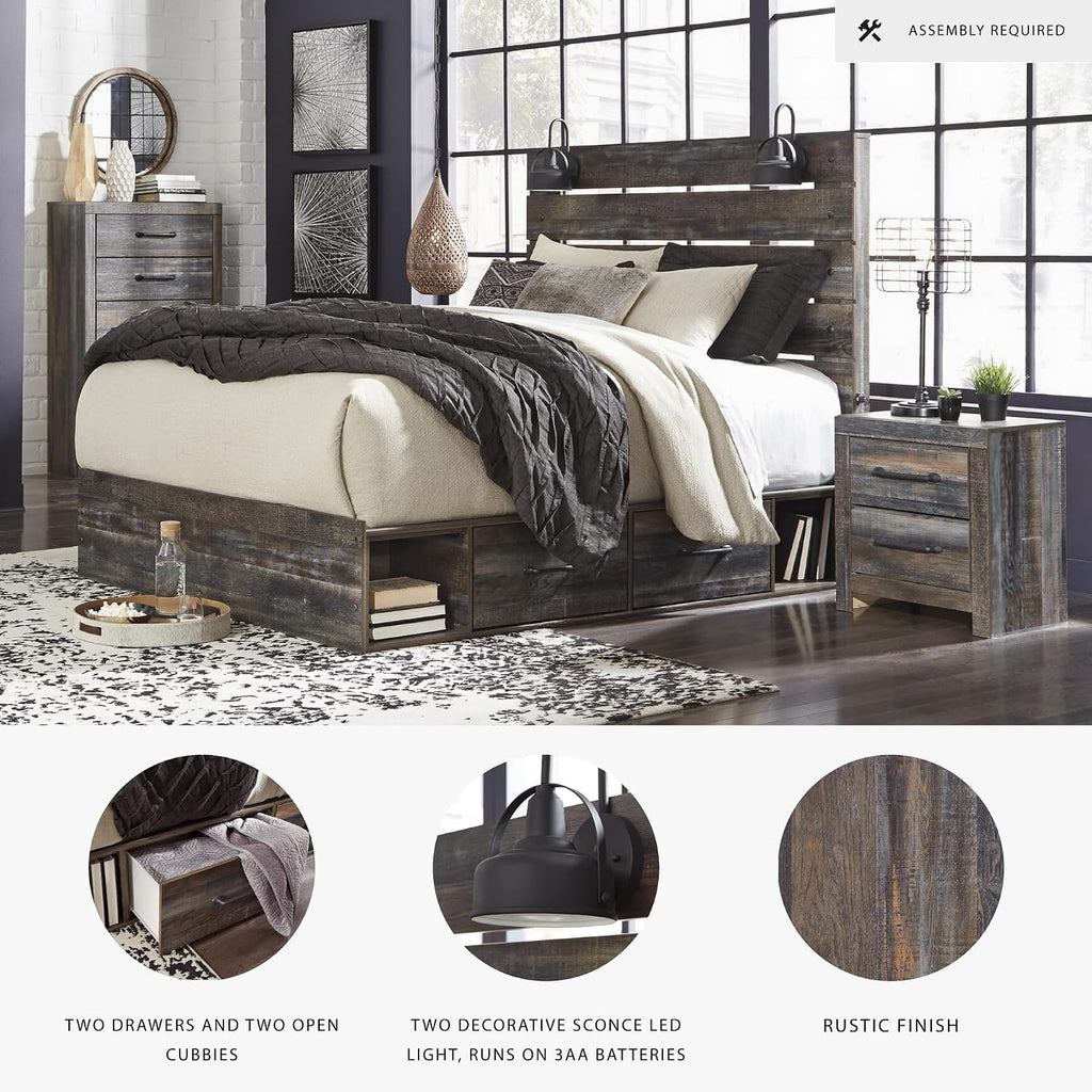 Signature Design by Ashley Drystan Rustic Queen Panel Platform Bed with 2 Storage Drawers, Open Cubbies, Sconce LED Lights and USB Ports, Foundation or Box Spring Not Needed, Dark Brown & Gray