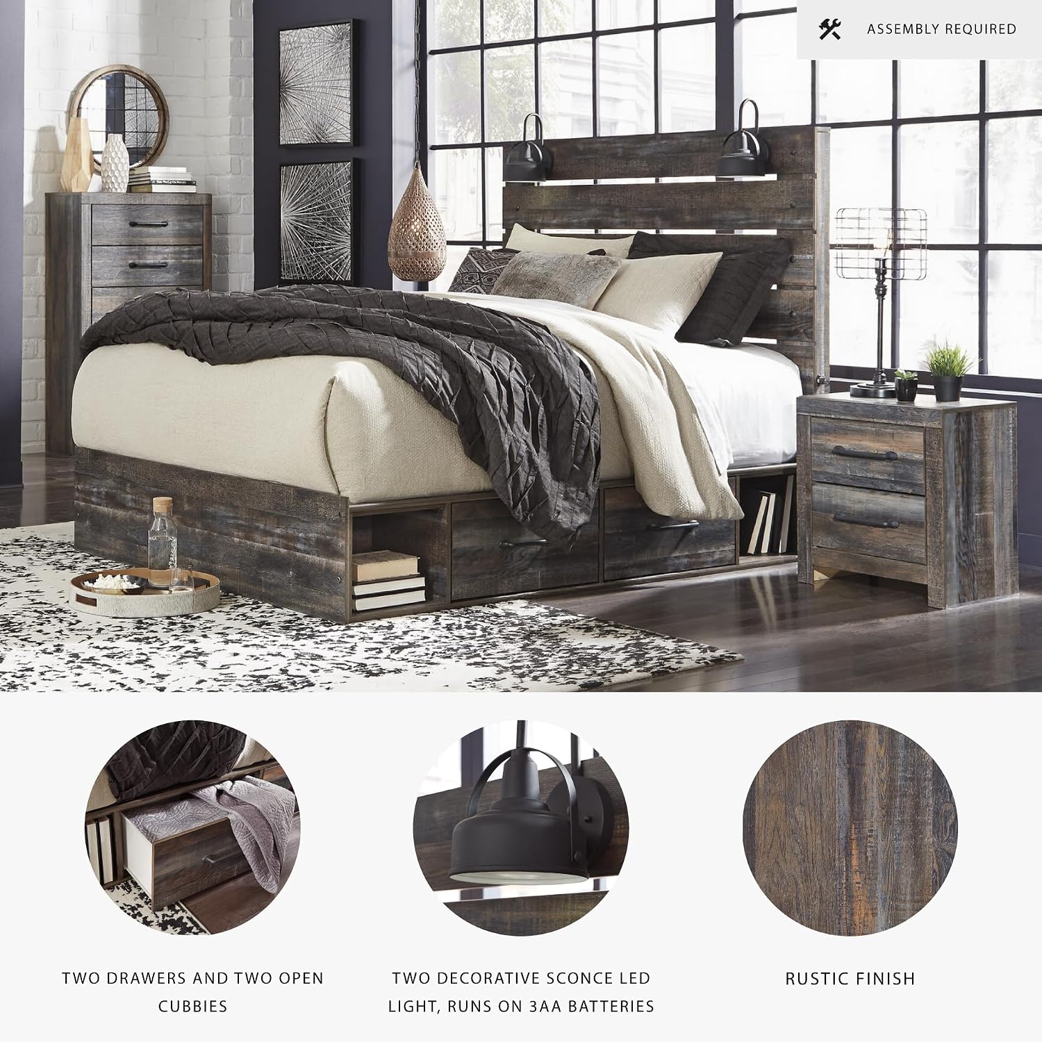 Signature Design by Ashley Drystan Rustic Queen Panel Platform Bed with 2 Storage Drawers, Open Cubbies, Sconce LED Lights and USB Ports, Foundation or Box Spring Not Needed, Dark Brown & Gray