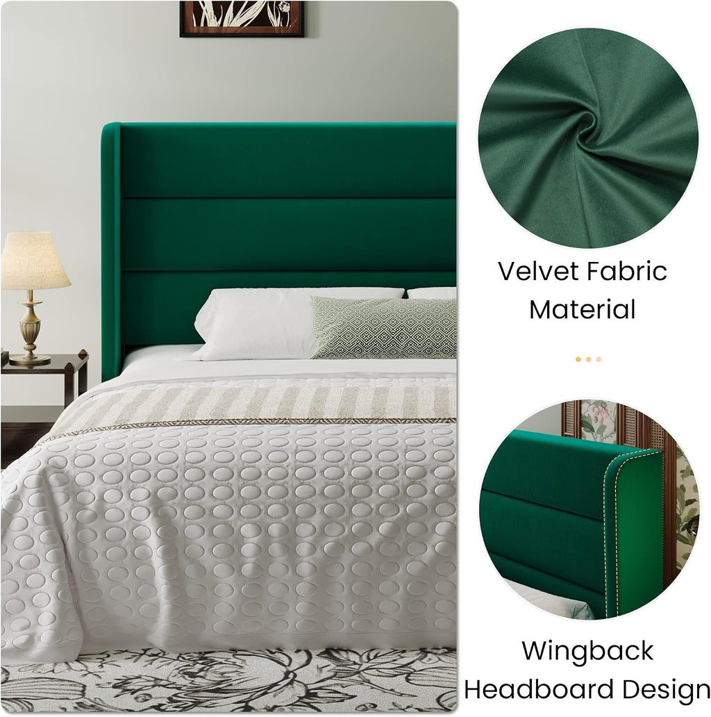 SHA CERLIN King Size Velvet Bed Frame with Wingback Headboard/Upholstered Platform Bed with Wooden Slats/Mattress Foundation/No Box Spring Needed/Easy Assembly/Green