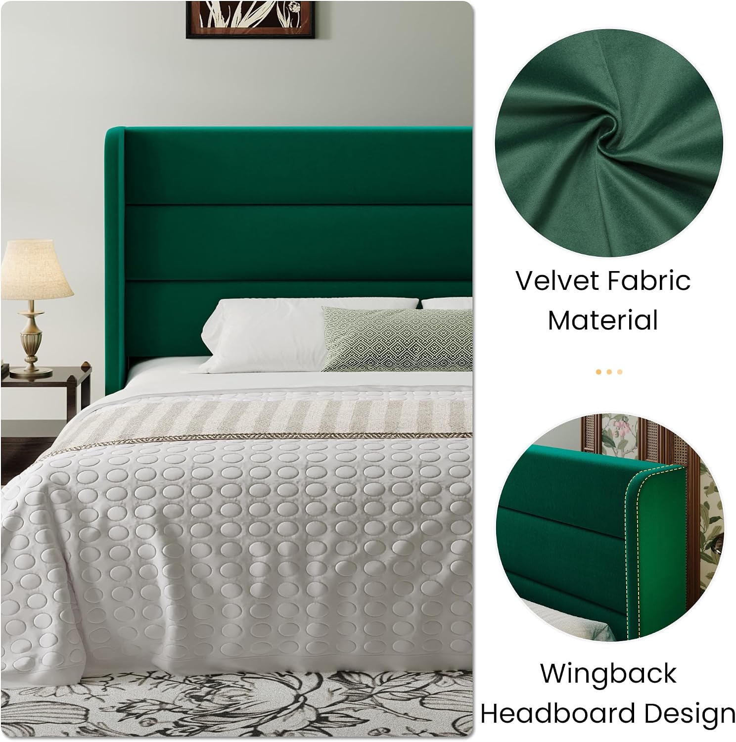 SHA CERLIN King Size Velvet Bed Frame with Wingback Headboard/Upholstered Platform Bed with Wooden Slats/Mattress Foundation/No Box Spring Needed/Easy Assembly/Green