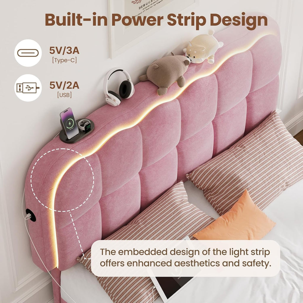 CypBed Full Size Bed Frame with 4 Storage Drawers & LED Lights, Velvet Upholstered Platform Bed Frame with Charing Station and Adjustable Headboard, Wood Slats Support, No Box Spring Needed, Pink