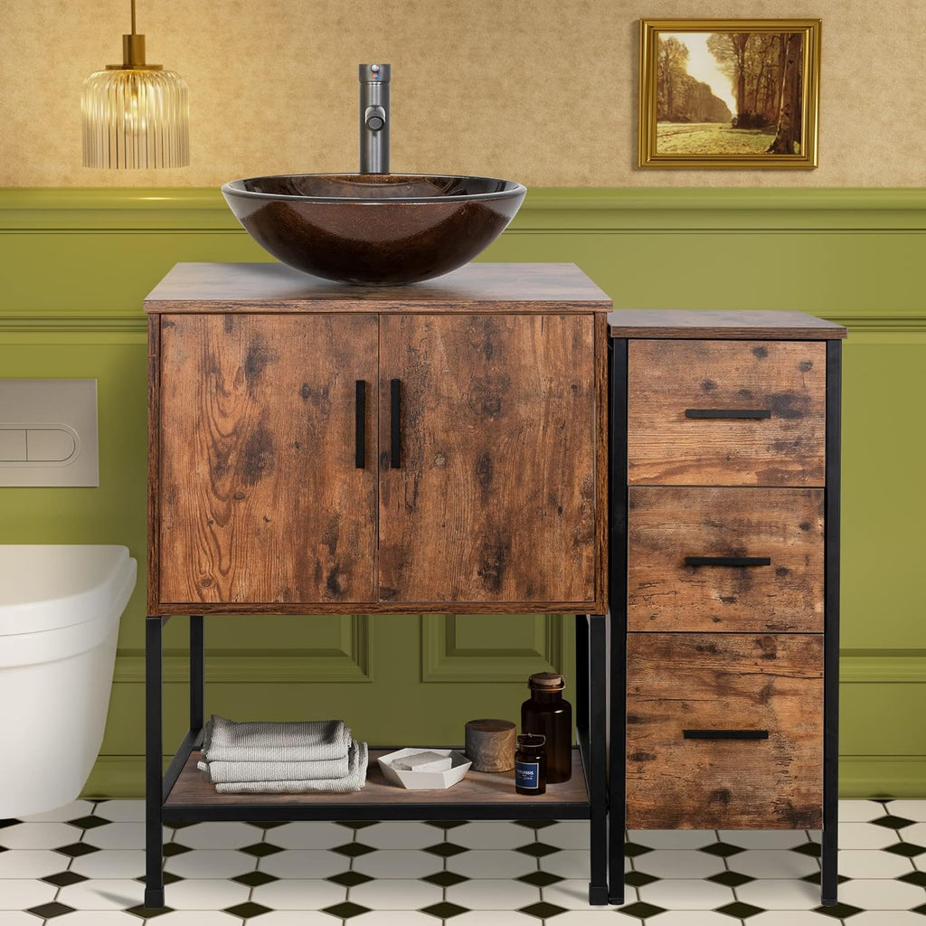 UEV 36' Antique Bathroom Vanity, Dark Brown Bathroom Vanity Set with Sink and 3 Drawers Side Cabinet Combo, Iron Wood Bathroom Cabinet with Adjustable Water Temperature Faucet (A09-NEW)
