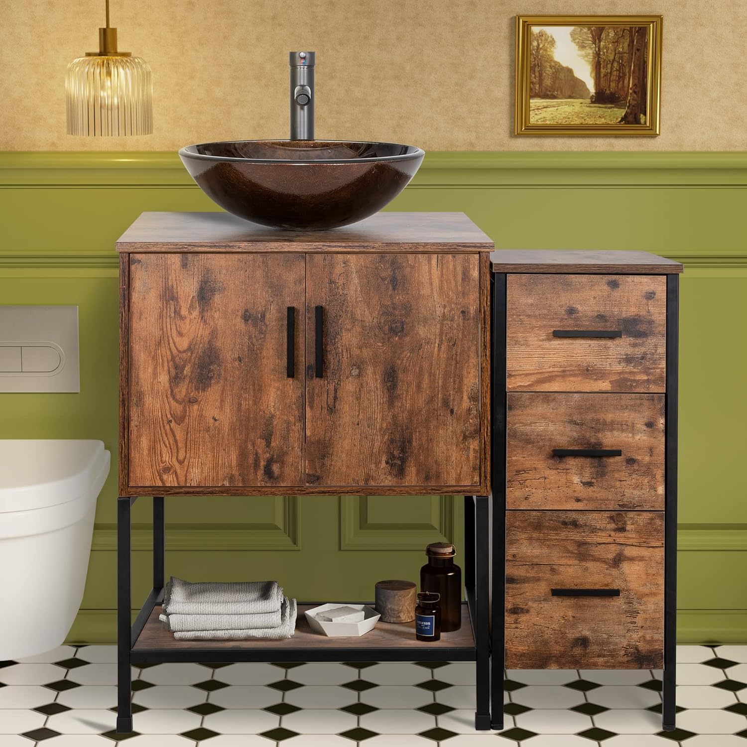 UEV 36' Antique Bathroom Vanity, Dark Brown Bathroom Vanity Set with Sink and 3 Drawers Side Cabinet Combo, Iron Wood Bathroom Cabinet with Adjustable Water Temperature Faucet (A09-NEW)