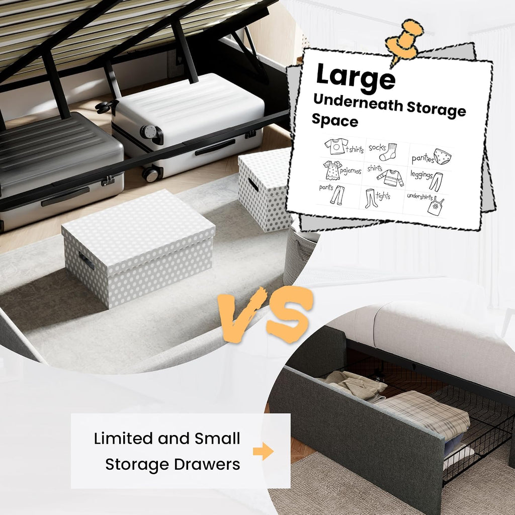 SHA CERLIN King Size Lift Up Storage Bed/Modern Wingback Headboard/Upholstered Platform Bed Frame/Hydraulic Storage/No Box Spring Needed/Wood Slats Support/Light Grey