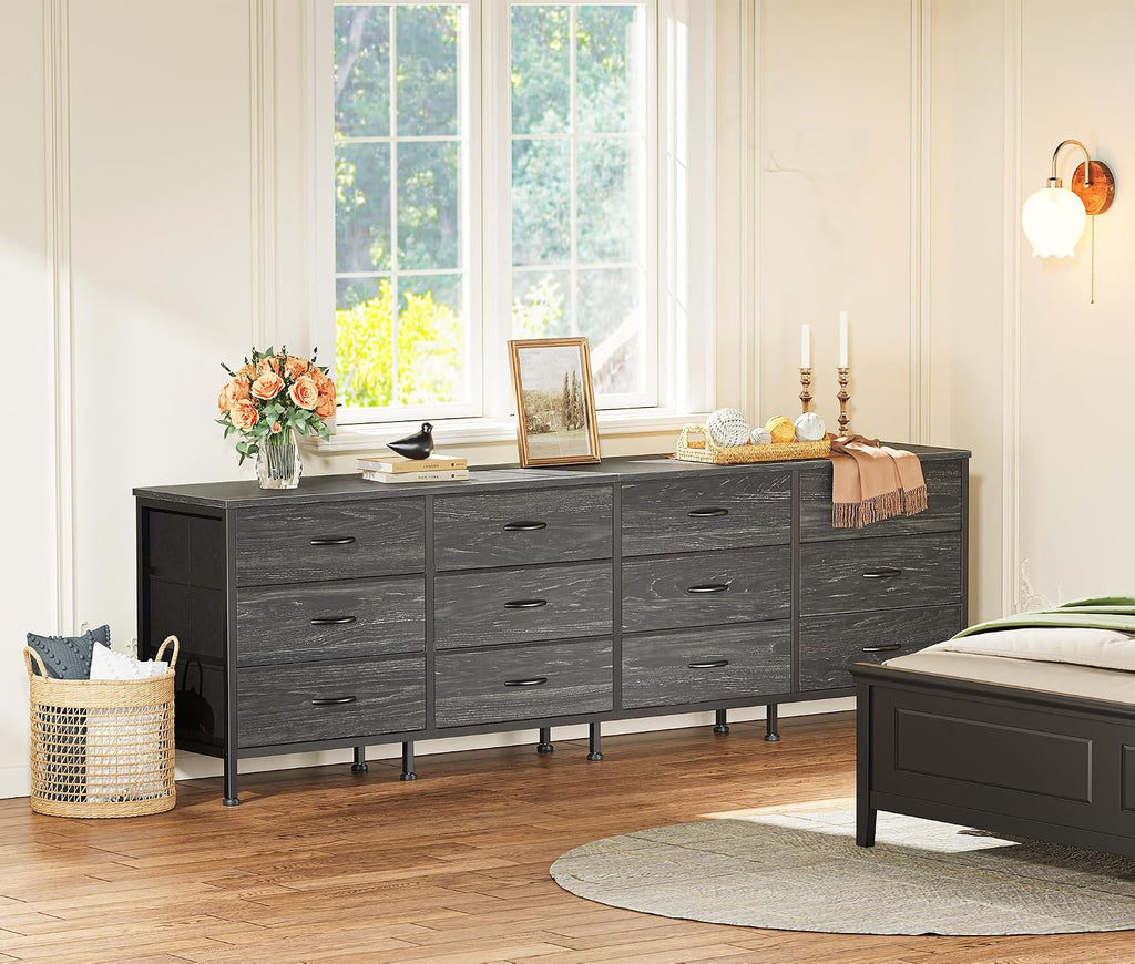 Huuger 70 Inch Dresser for Bedroom, TV Stand for 65, 75, 80 Inch TV,12 Fabric Drawer Long Dresser, Large Storage Organizer Unit, Chest of Drawer for Bedroom, Charcoal Black Wood Grain Print