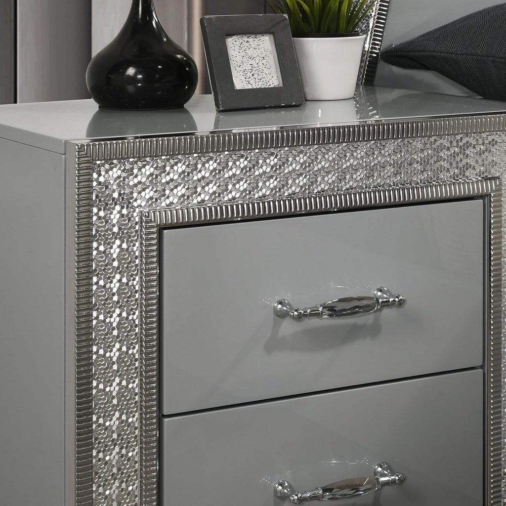 Furniture of America Santte Glam Solid Wood 3-Piece Bedroom Set with 7-Ray Headboard, Backlit LED, Metallic Scale Molding Trim, Felt-Lined Top Drawer, No Box Spring Needed, King, Metallic Gray