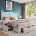 Fameill Full Size Bed Frame with LED Light and 3 Drawers Storage, Upholstered Velvet Platform Bed Frame with Charging Station, Wingback Tall Headboard, No Box Spring Needed, Beige