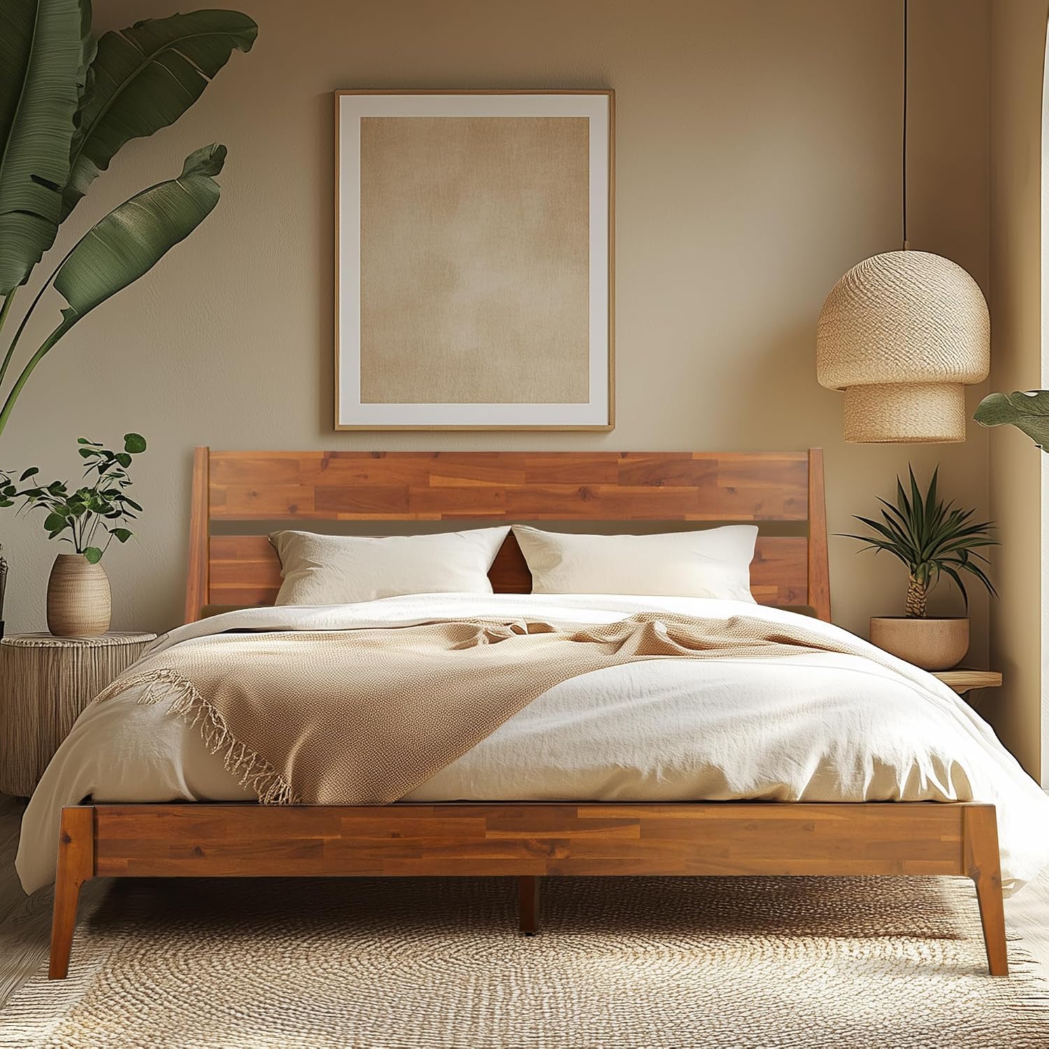 Acacia Callisto King Bed Frame with Headboard Solid Wood Platform Bed, 800 lbs Capacity Bed Frame, Contemporary Signature Wood Bed Compatible with All Mattress Types, Walnut Finish