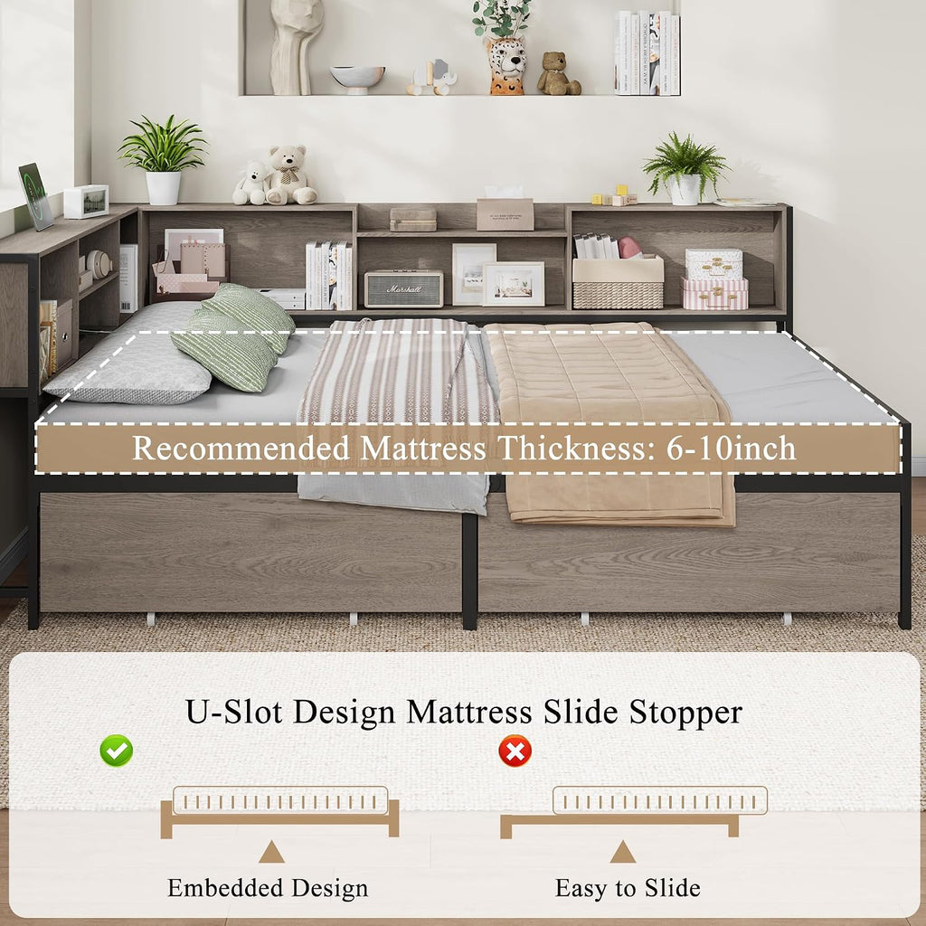 Corner Bed Frame with High Footboard Design, Full Size Bed Frame with 2 Storage Drawers and 8 Bookcases, Full Size Daybed with Charging Station for Kids Teens