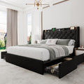Einhomn Upholstered Full Size Bed Frame with 4 Storage Drawers, Platform Bed with Large Wingback Headboard, Charging Station, No Box Spring Needed, Easy Assembly, Black