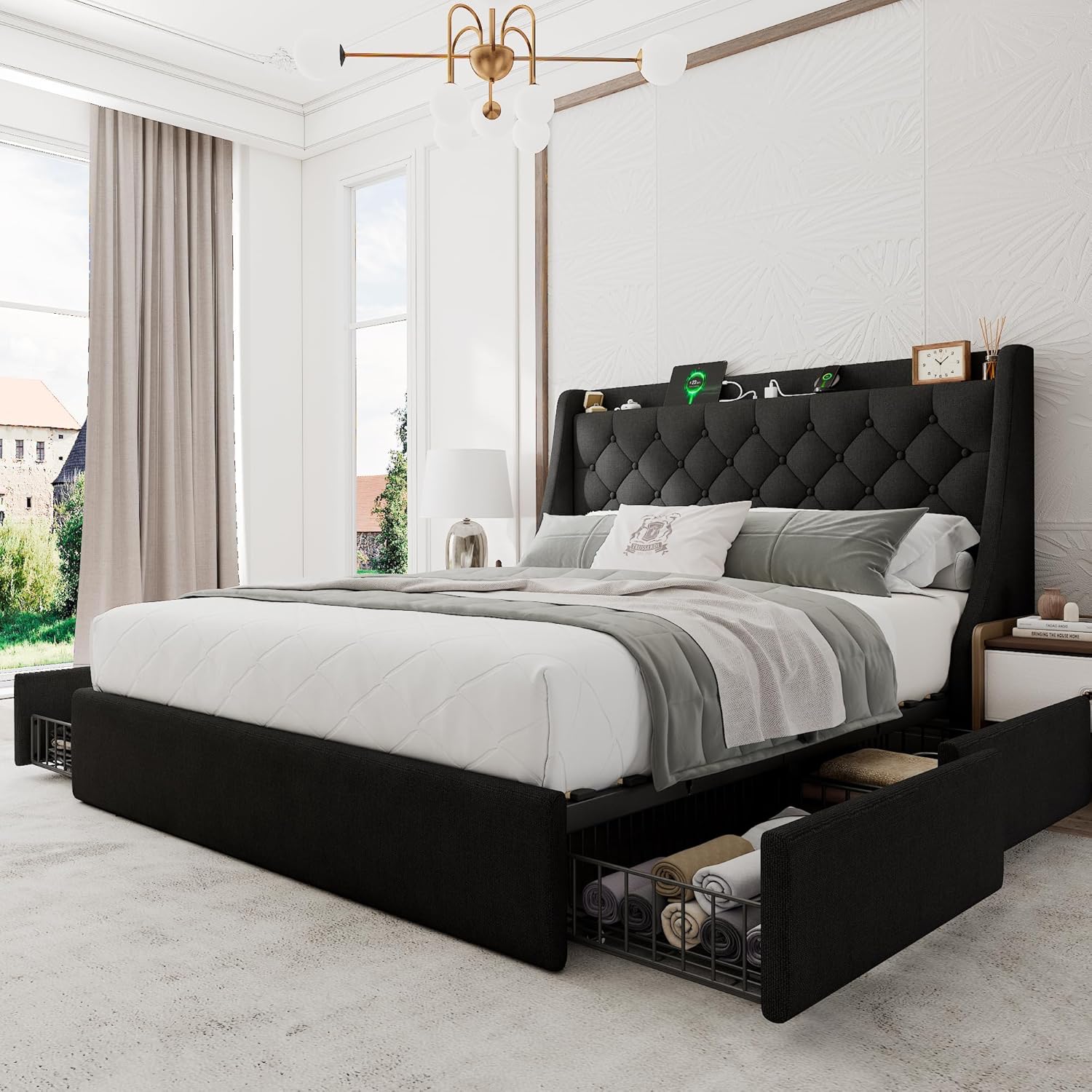 Einhomn Upholstered Full Size Bed Frame with 4 Storage Drawers, Platform Bed with Large Wingback Headboard, Charging Station, No Box Spring Needed, Easy Assembly, Black