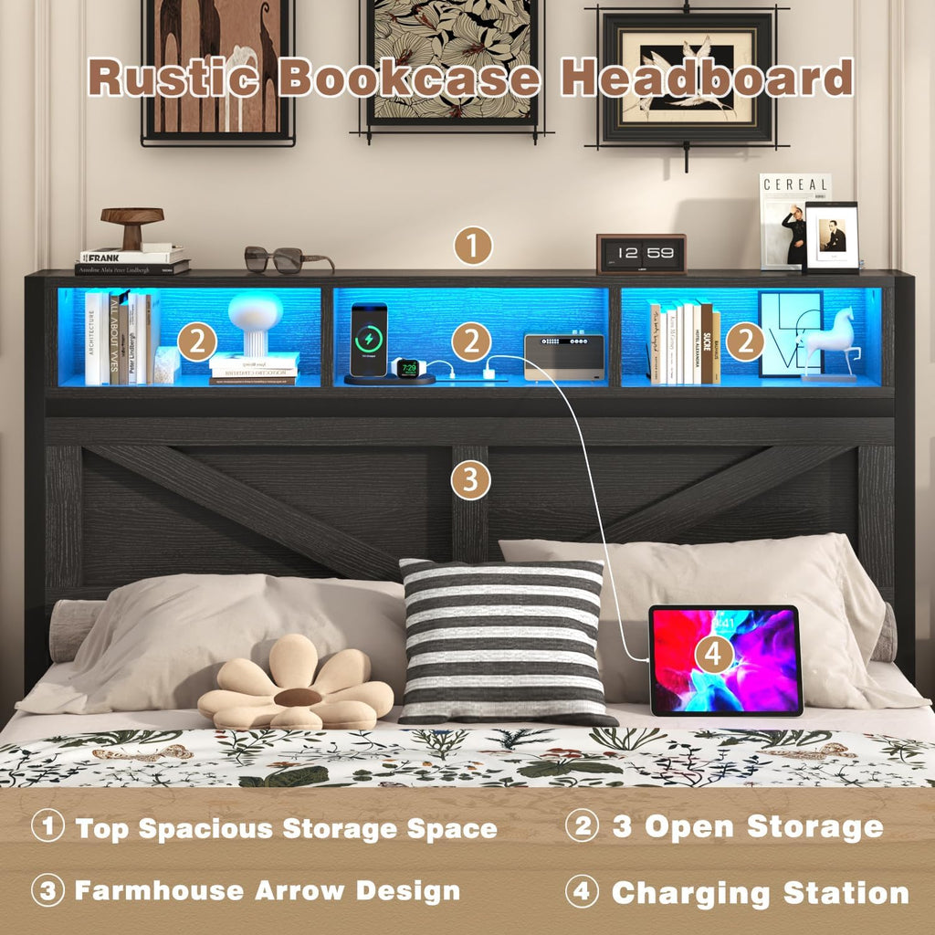Incyneva Farmhouse Queen Bed Frame with Bookcase Storage Headboard, Charging Station, LED Light and 2 Storage Drawers, Noise Free, No Box Spring Needed, Black