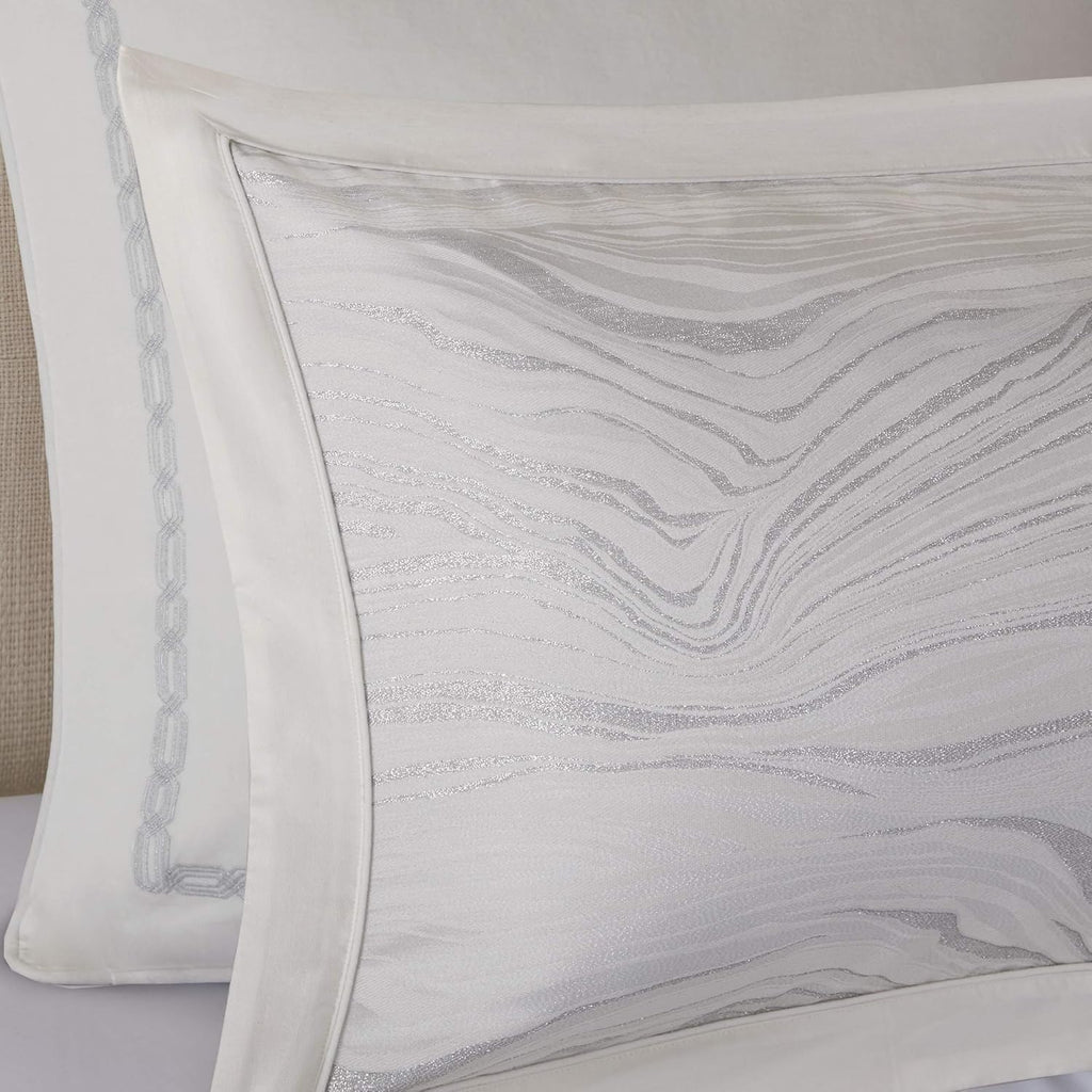 Madison Park Signature Glam Cozy Comforter Set - All Season Bedding Combo Filled Insert and Removable Duvet Cover, Shams, Decorative Pillows, Metallic White Queen(92'x96') 9 Piece