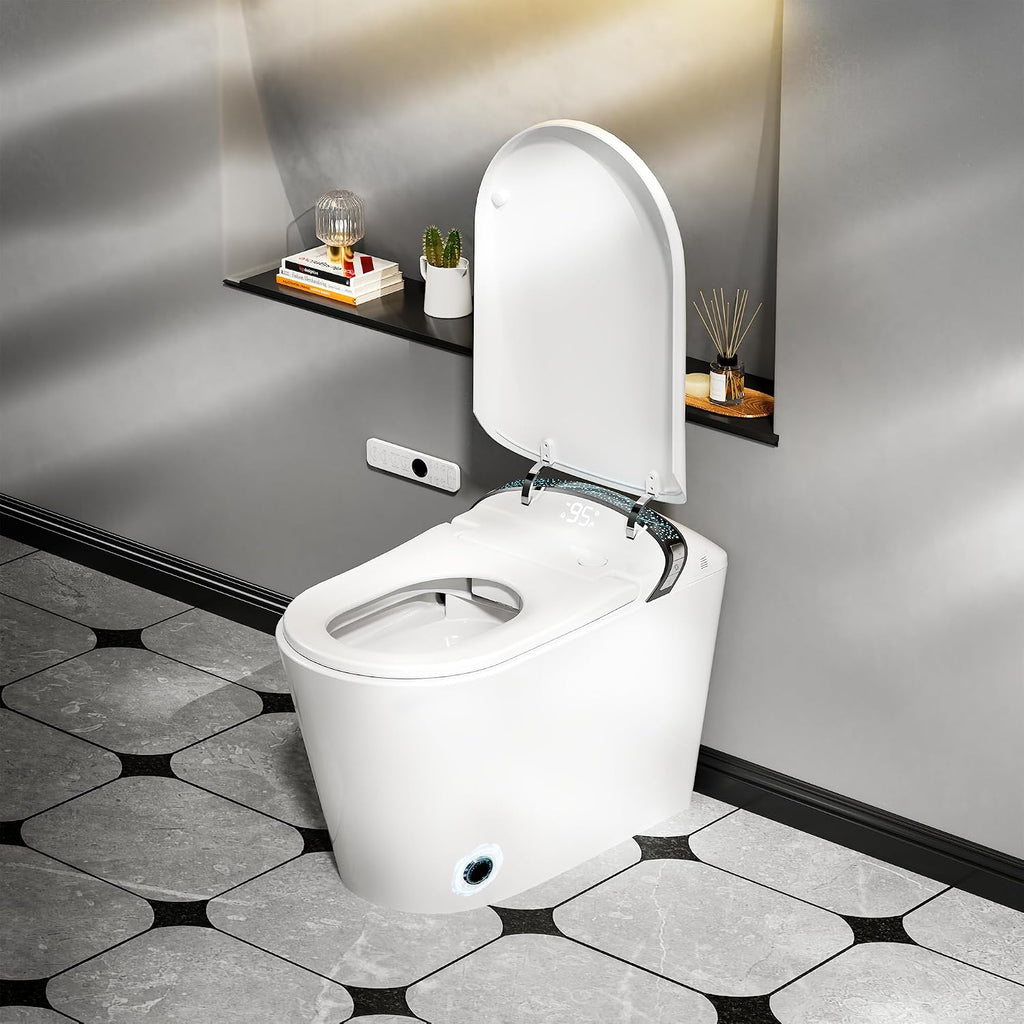 WinZo Smart Toilet with Bidet, 17 inch Comfort Seat Height, Auto Open/Close Foot Kick Flush Heated Seat, LED Night Light, 1.28 GPF Multiple Cleaning Modes (White)