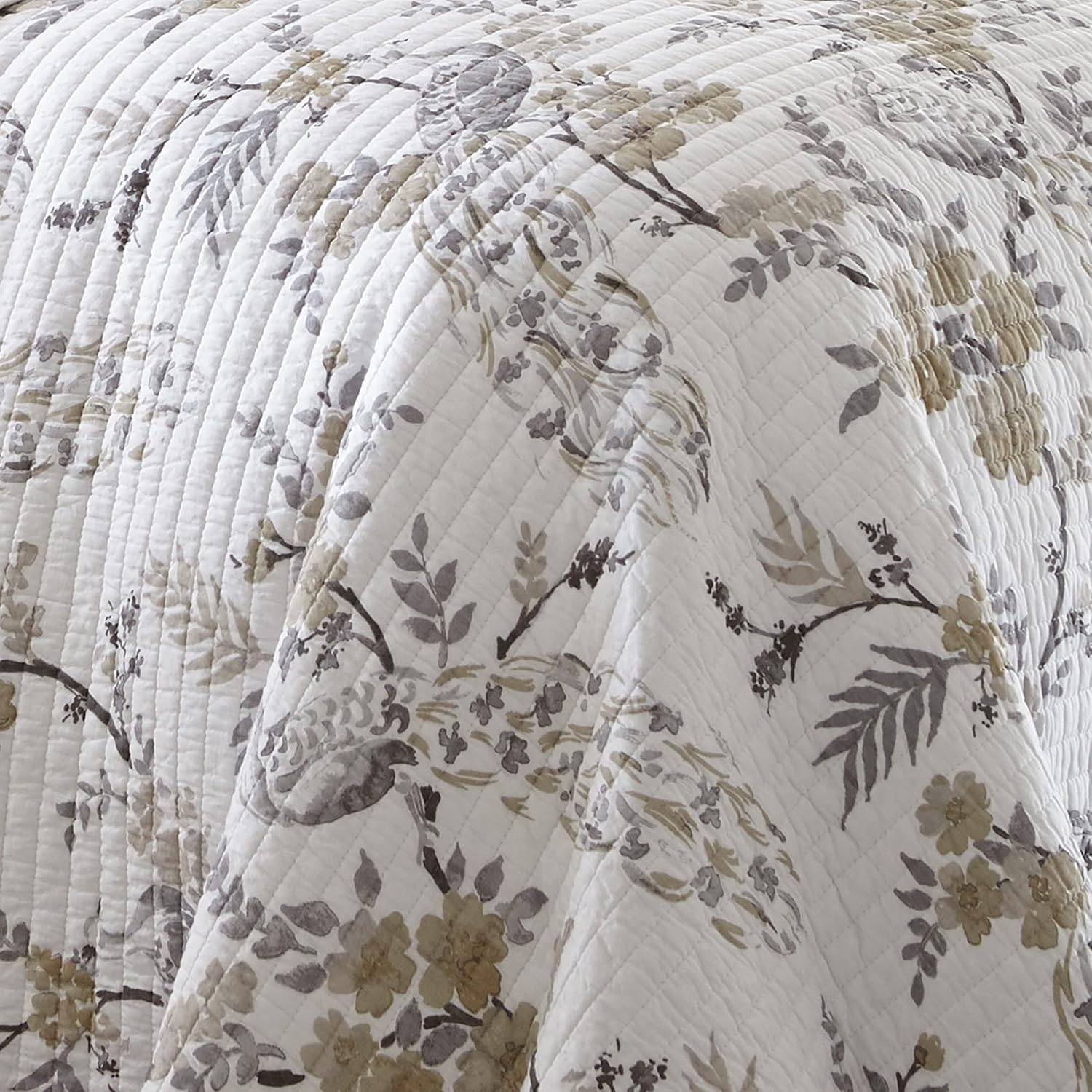 Levtex Home Pisa Reversible Twin XL/Twin Quilt Set (68x86in) with 1 Pillow Sham (26x20in) - Floral Peacock - Grey, Taupe - 100% Cotton Twin Size Quilt Bedding Set - Lightweight, Soft, Pre-Washed