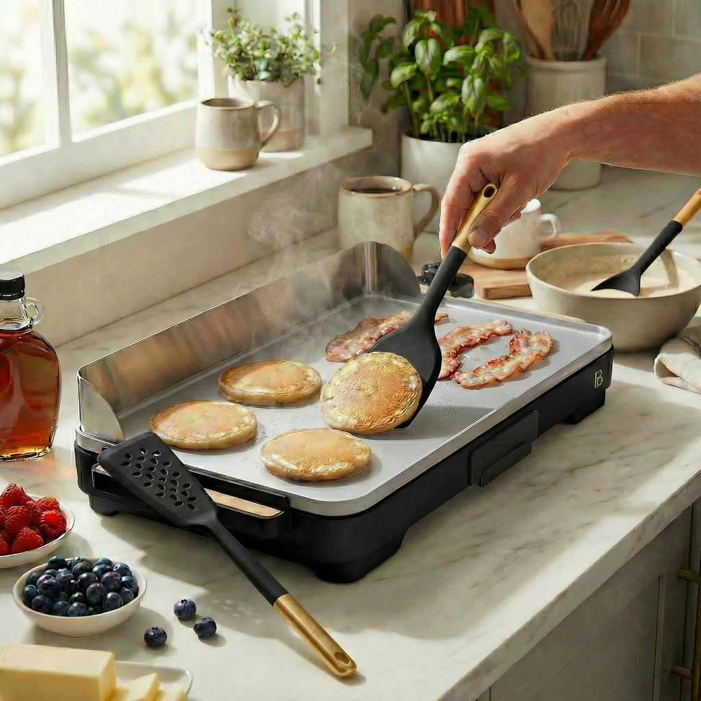 XL Electric Griddle 12' x 22' with Ceramic Nonstick Coating and Removable Heat Control with 3-Piece Silicone Spoon, Black Sesame Flat Top Electric Grill with Drip Tray and Backsplash