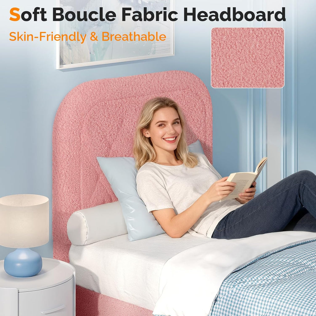 VINGLI Twin Platform Bed Frame Set of 2 with 46 Inches Tall Boucle Upholstered Headboard, Girls Puffy Cloud Princess Single Panel Bed with Rounded Corners for Kids Room, Apartment, Pink | Cream Furniture
