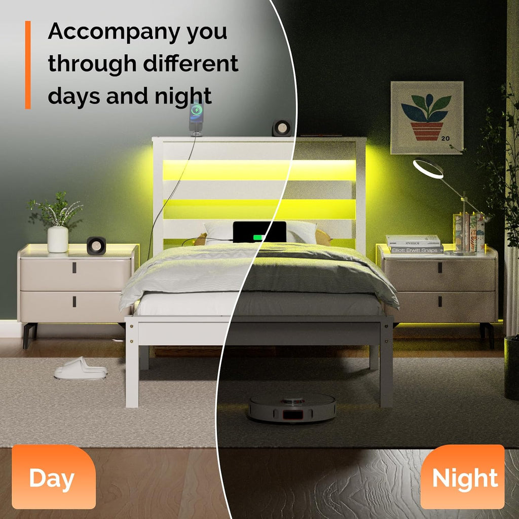 VINGLI LED Twin Bed Frame Set of 2 Solid Wood Platform Single Bed with Headboard Shelf USB Charging Station,Panel Bed, Wood Slat Support Mattress Foundation, White