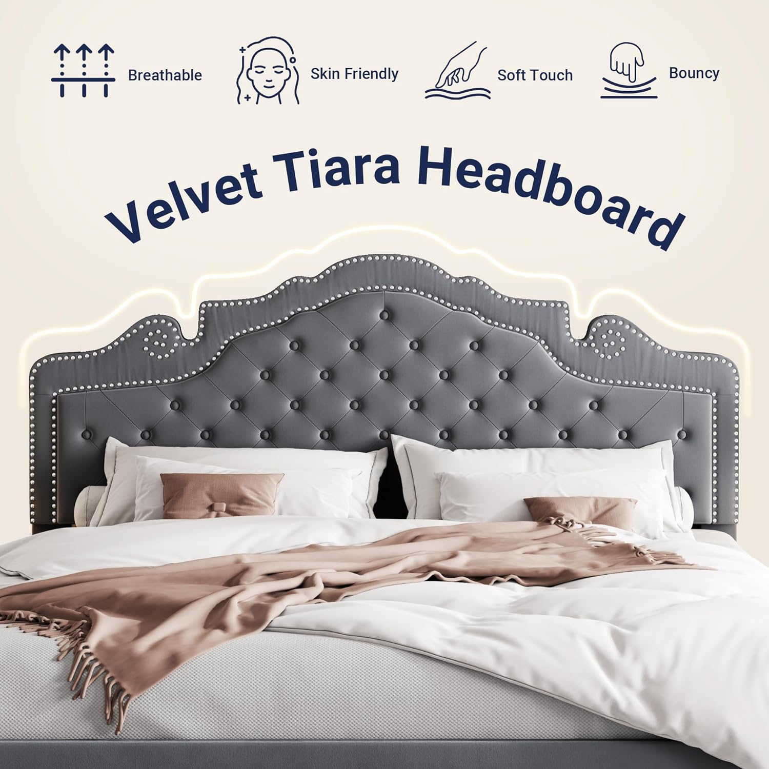 Allewie King Size Bed Frame with Adjustable Velvet Tiara Headboard, Upholstered Diamond Button Tufted Platform Bed, Wood Slats Support, No Box Spring Needed, Light Grey