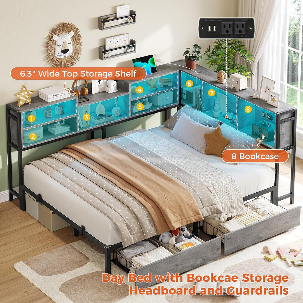 DICTAC Corner Full Bed Frame with Bookcase Storage and Led Lights Metal Platform Bed Frame with 2 Drawers & Charging Station Full Size Daybed with Storage for Living Room,Bedroom,Guest Room,Oak Gray