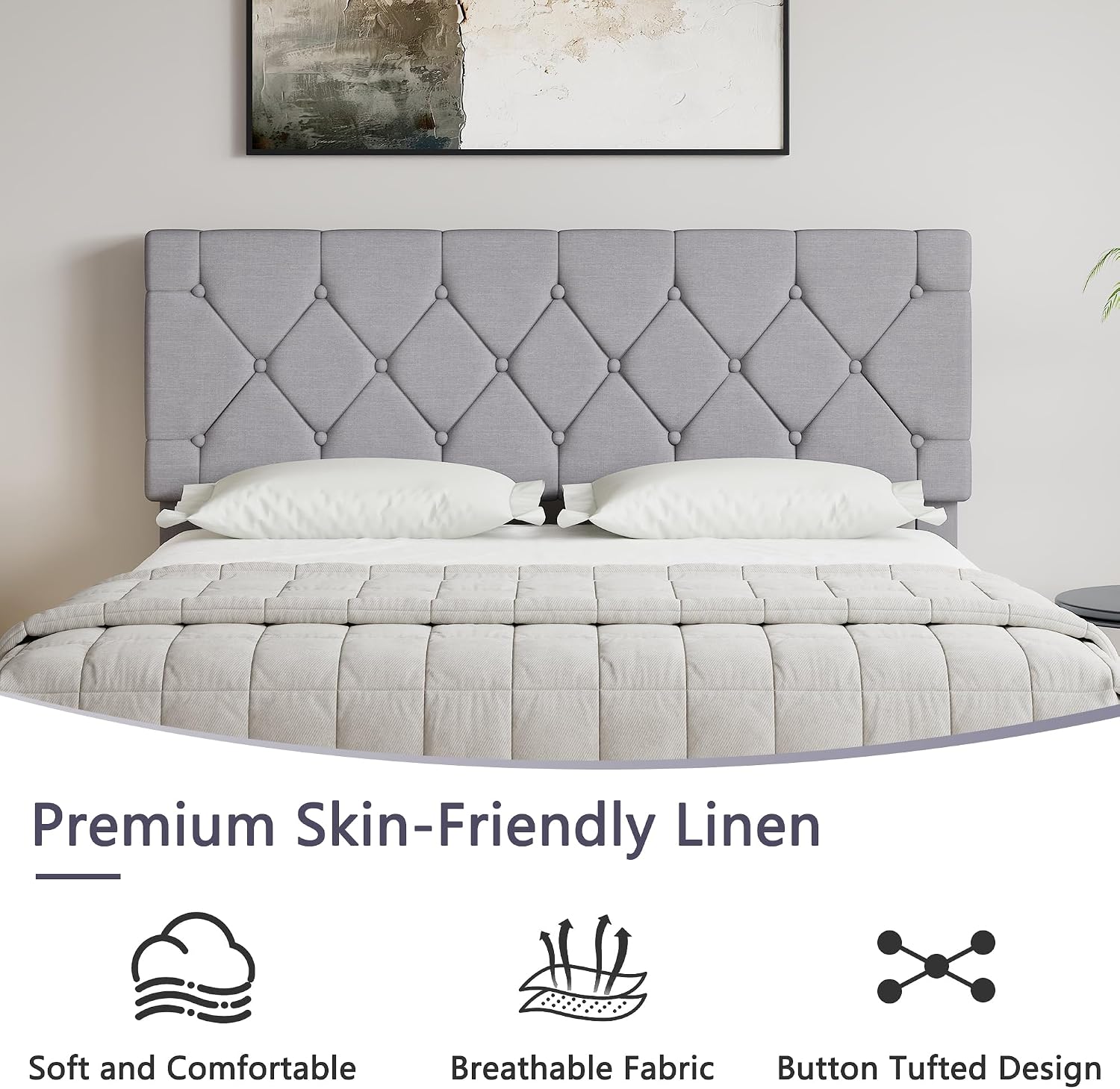 VECELO Queen Size Bed Frame with Button Tufted Headboard, Upholstered Platform Bedframe with Wood Slat Support, No Box Spring Needed, Linen Grey