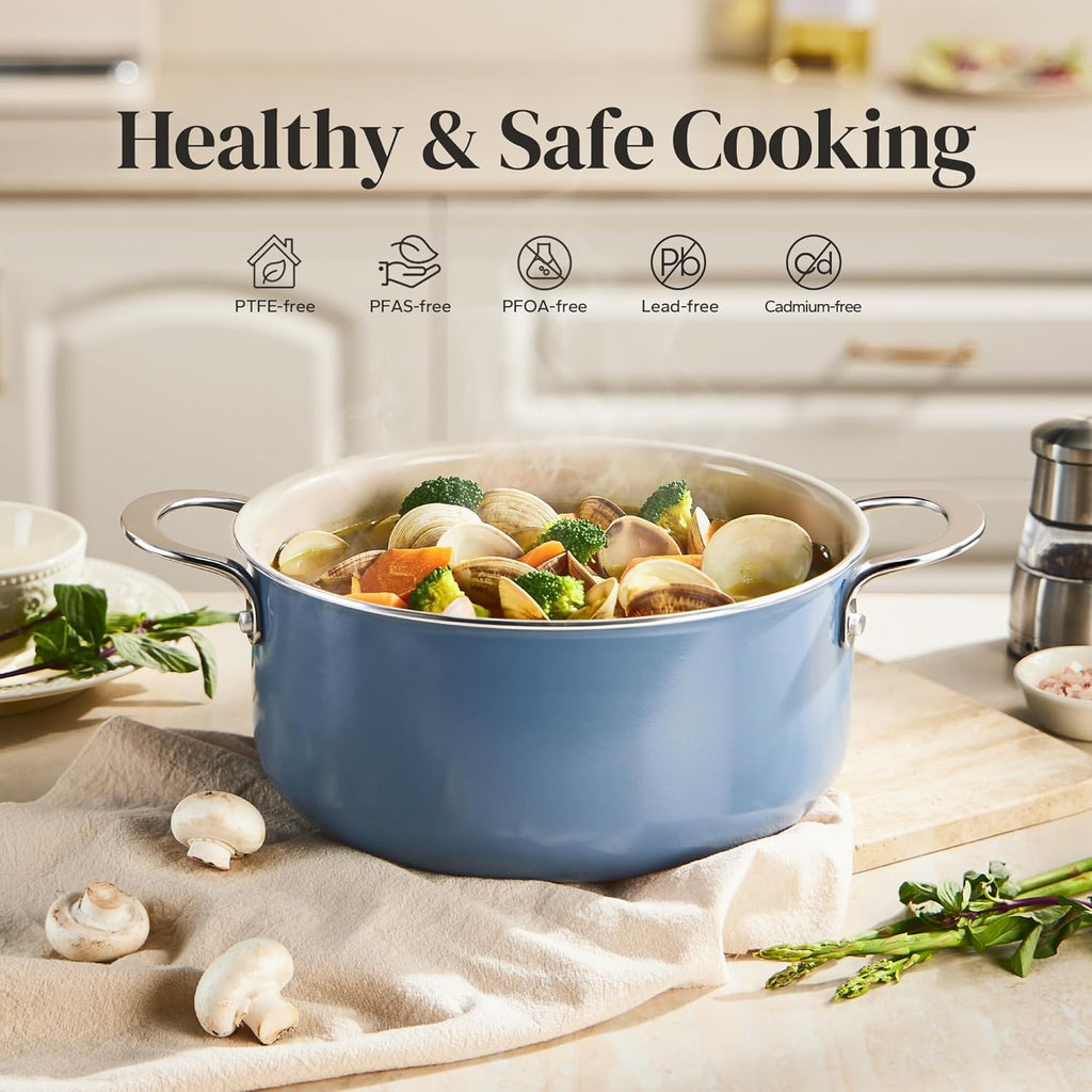 Redchef 5 QT Ceramic Stock Pot with Lid, 5QT Ceramic Saute Pan, Stay-Cool Handles, Dishwasher & Oven Safe, PFAS PFOA & PTFE Free (Blue)