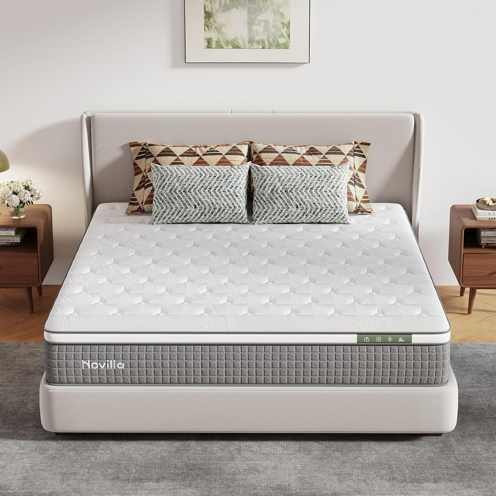 Novilla 12 Inch Full Size Mattress, Hybrid Mattress Full with Pocketed Coils & Gel Infused Memory Foam & Nylon Cooling Fabric for Motion Isolation & Pain Relief Comfort CertiPUR-US Certified